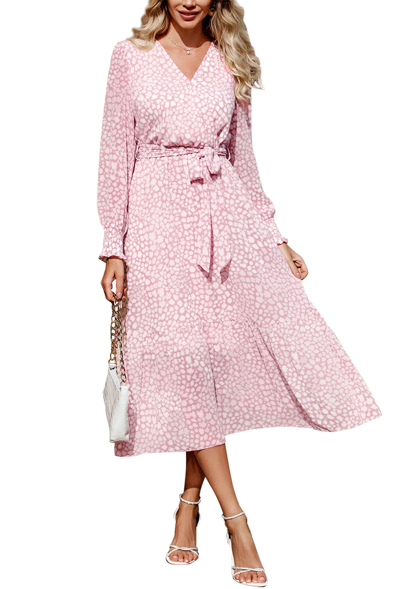 Women's Floral Boho Long Sleeve Maxi Dress, Pink,M