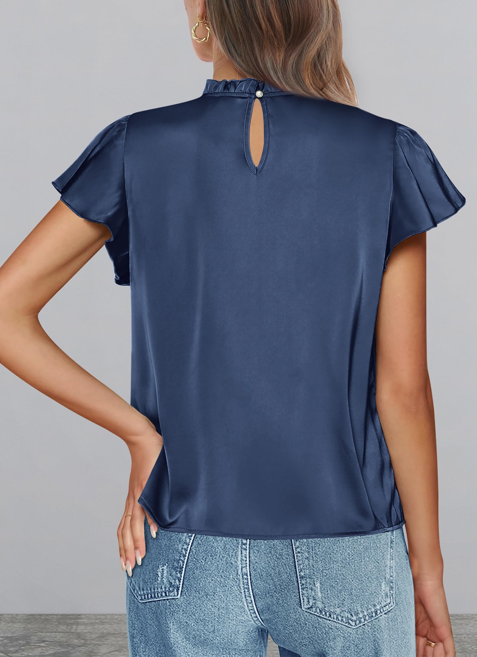 Women's Satin Tops Business Casual Work Blouses, Navy,S
