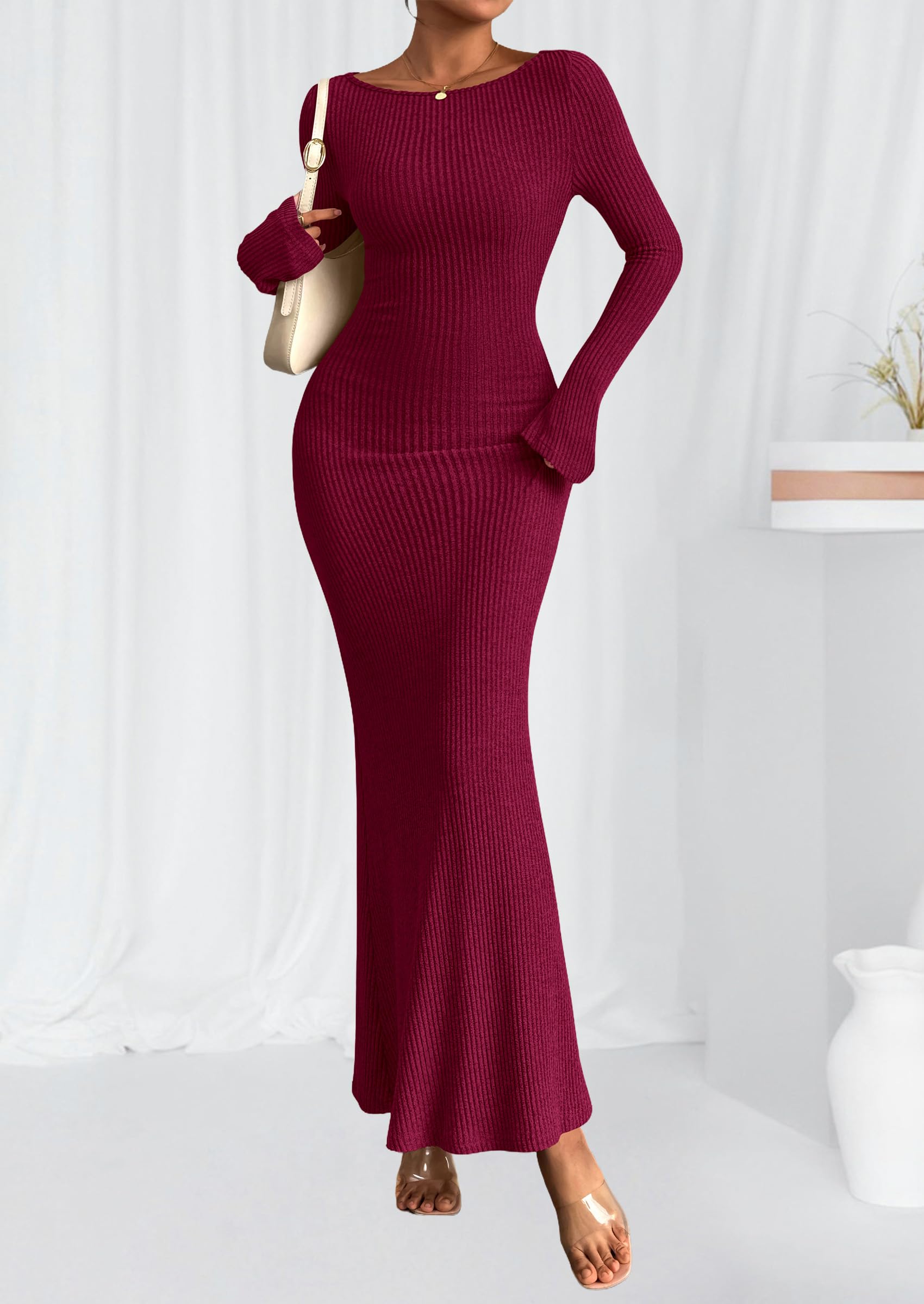Women's Fall Long Sleeve Bodycon Maxi Dresses (Burgundy,XS)
