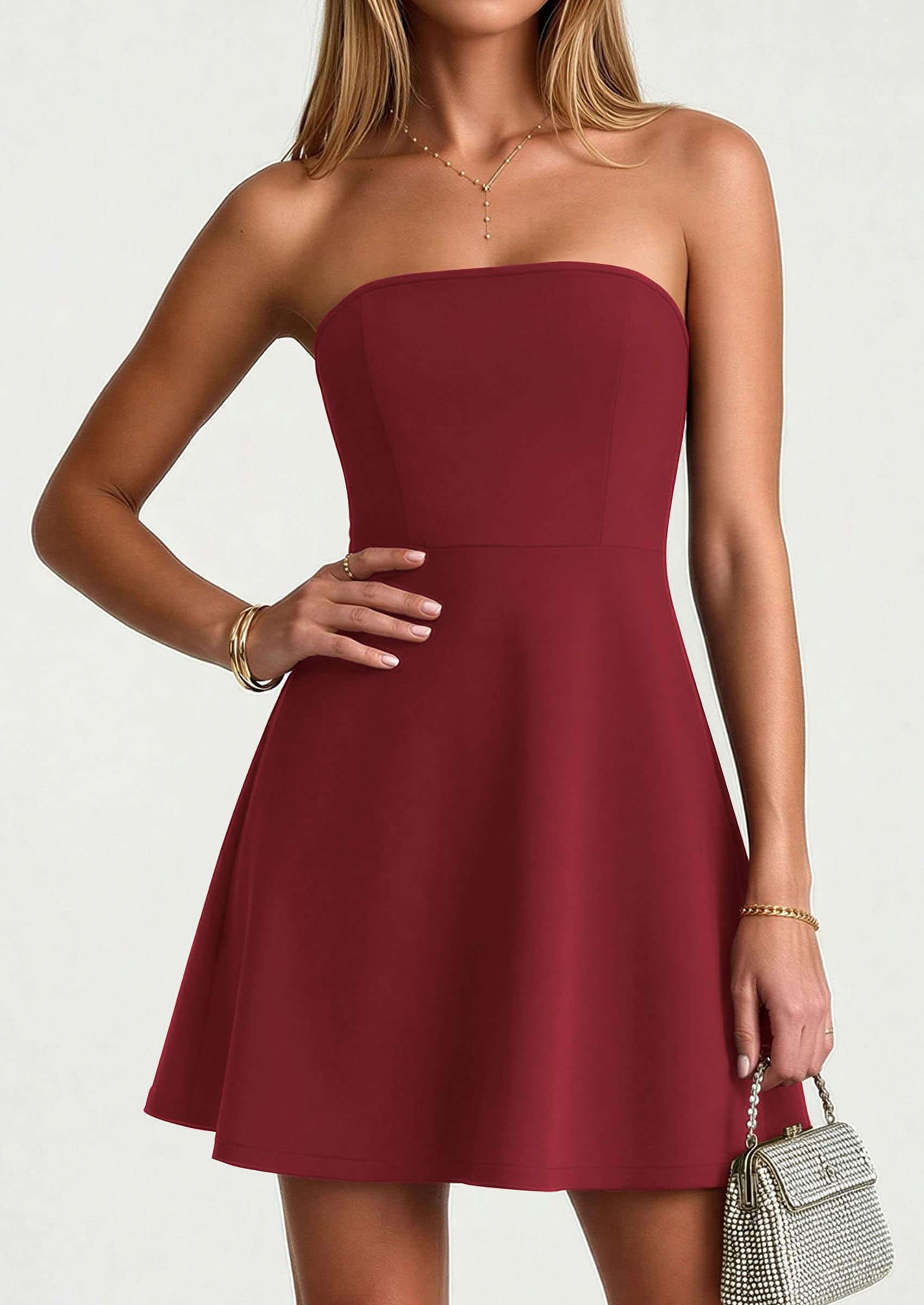 Women's Strapless A Line Mini Summer Dresses Wine Red,XS