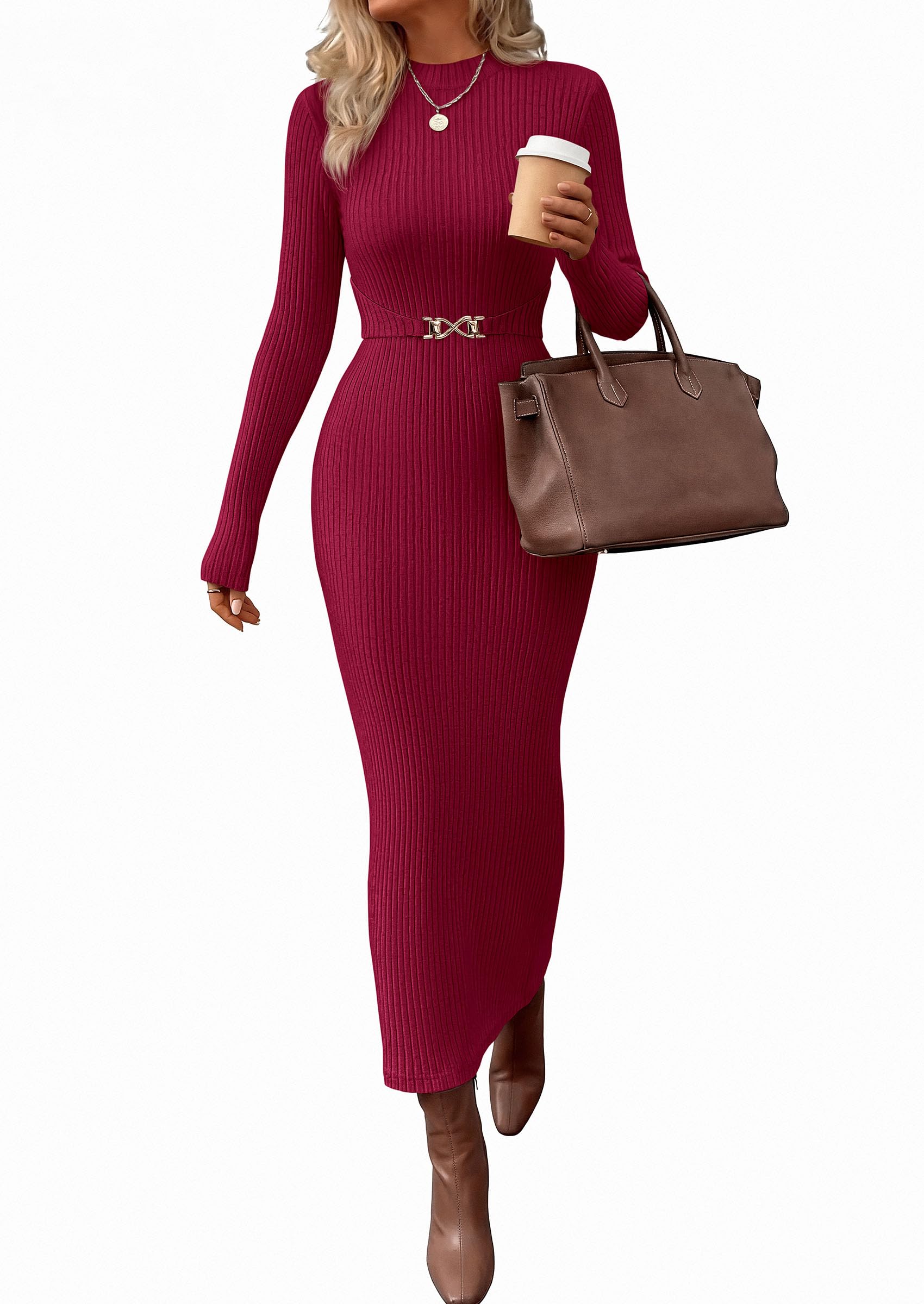Women's Long Sleeve Bodycon Maxi Sweater Dress Wine Red,XS