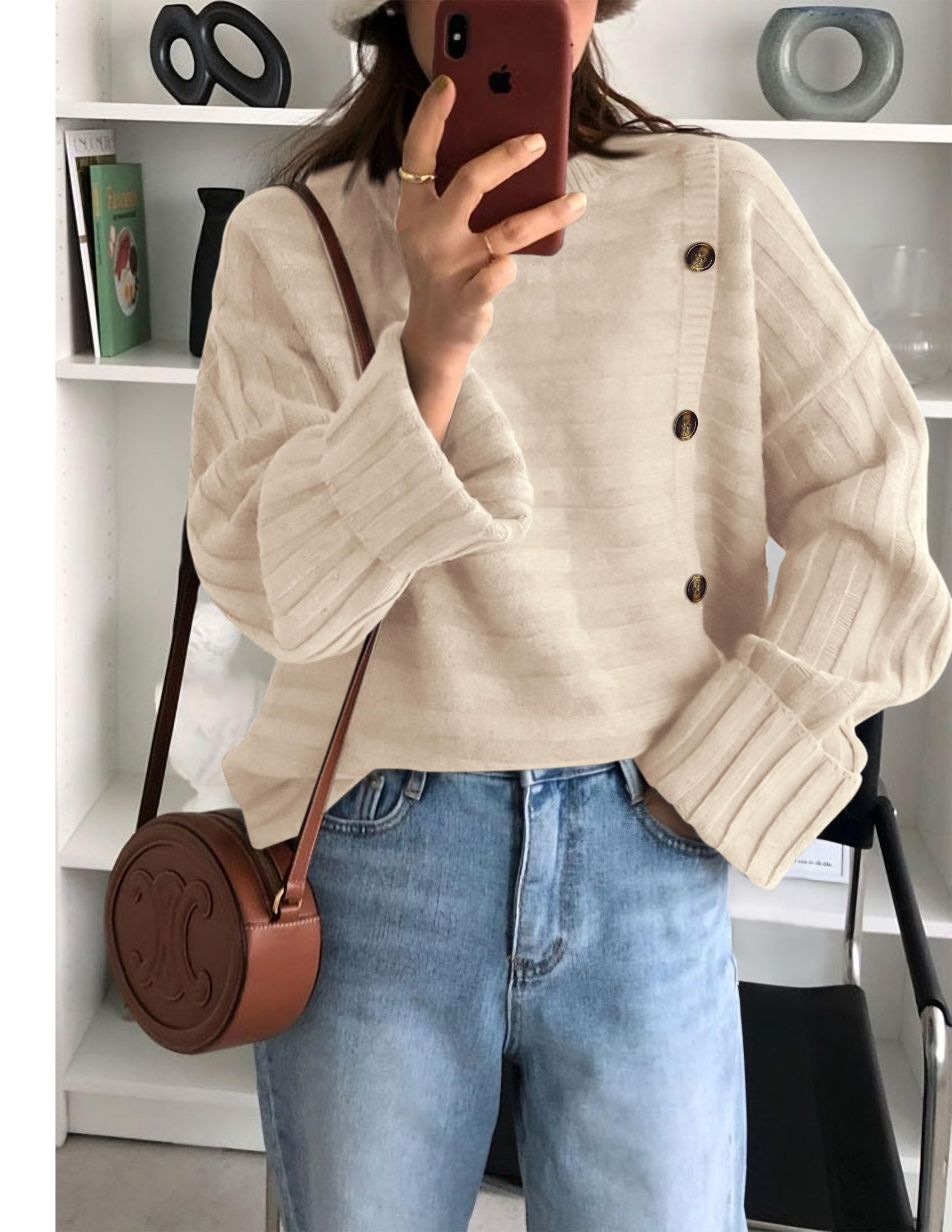 Womens Asymmetric Button Long Sleeve Sweater,Beige,S