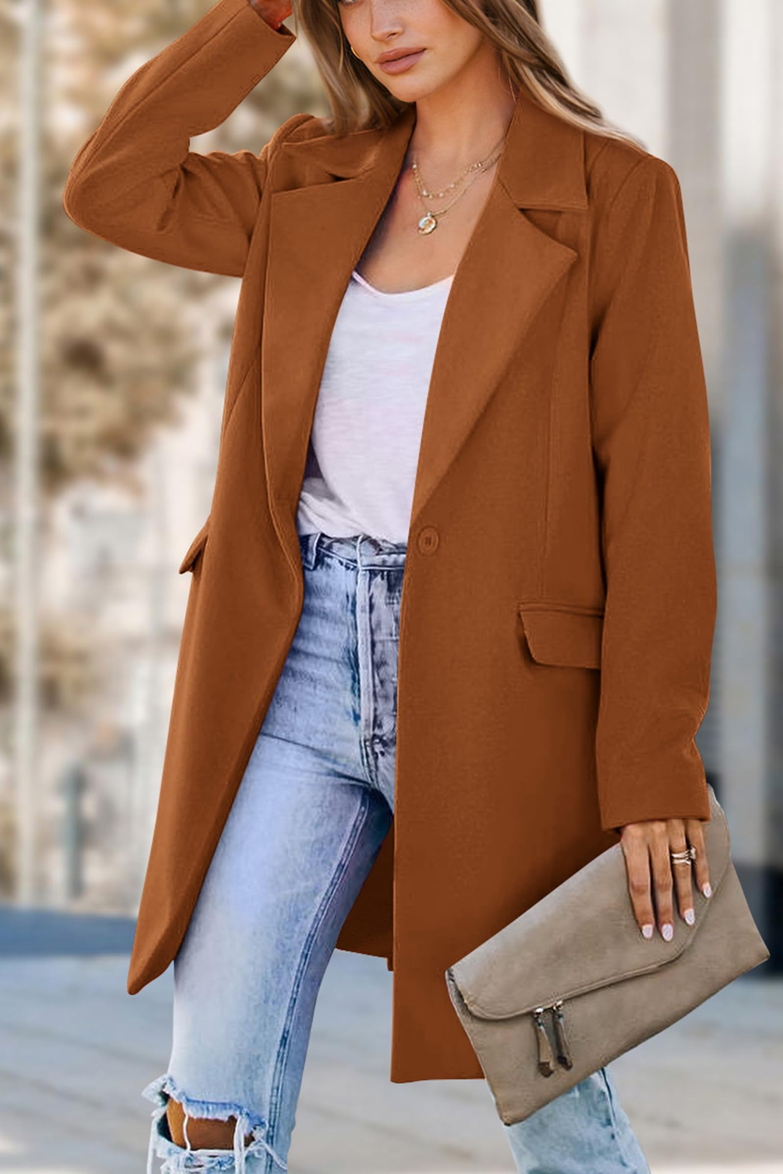 Women's Business Casual Long Blazer Jackets(Brown,S)