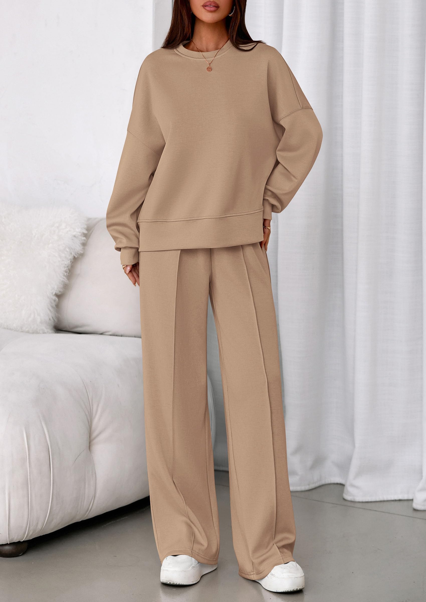 Womens Long Sleeve Sweatshirt 2 Piece Sets,Khaki,S