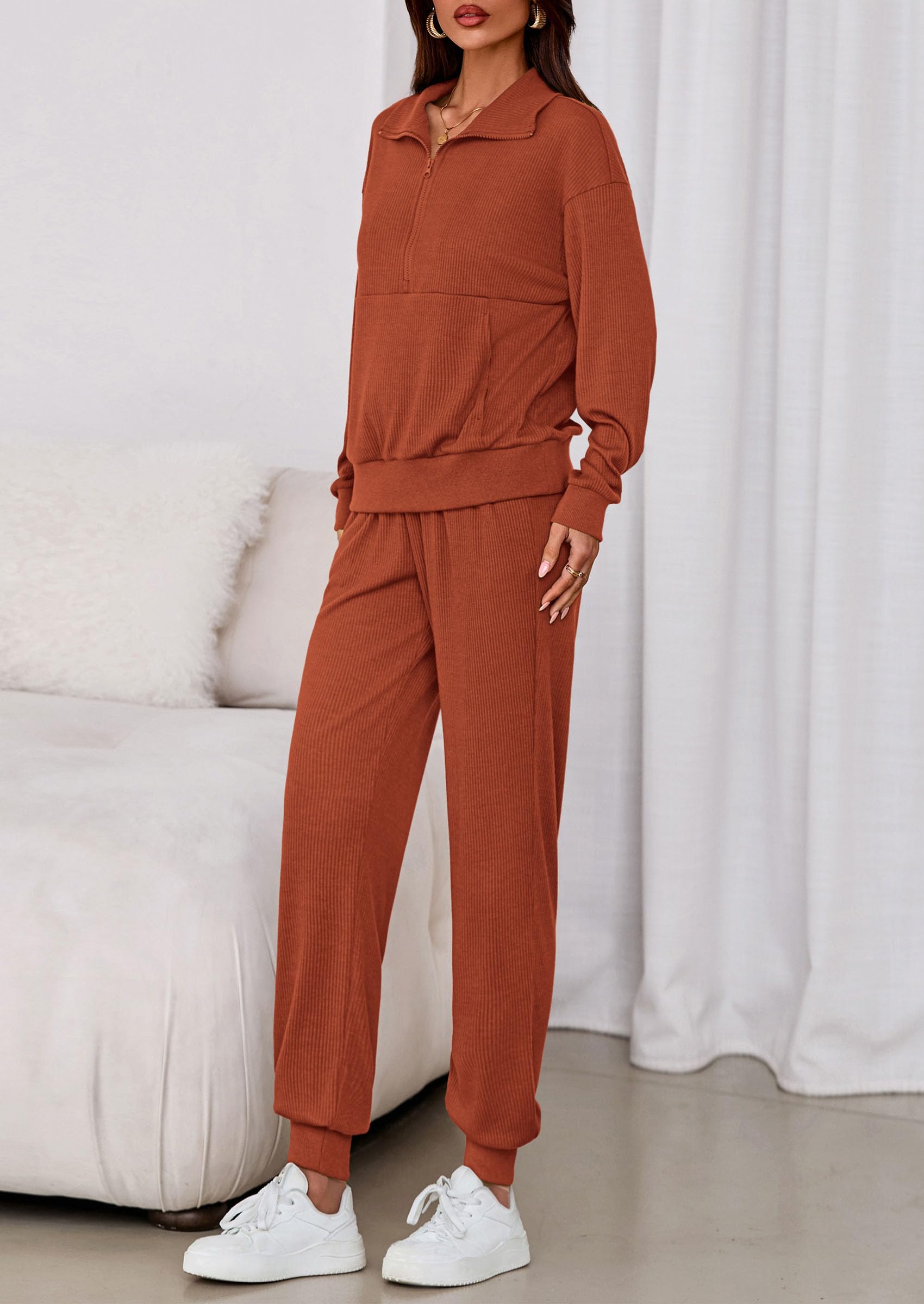 Airport Travel Outfit Women Ribbed Knit Matching Lounge Sets