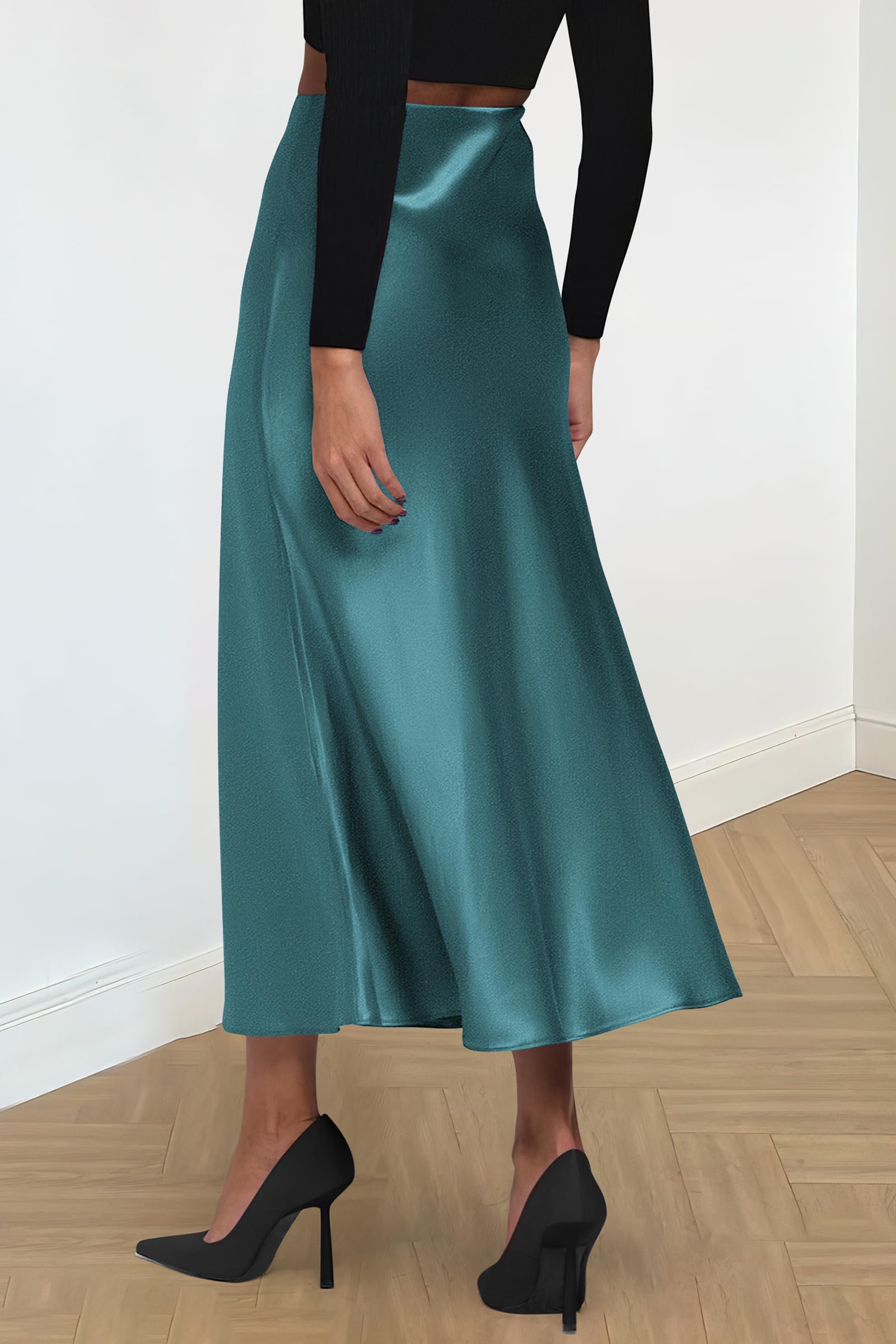 Women's Satin Midi Skirts Dressy Casual,Lake Blue,S