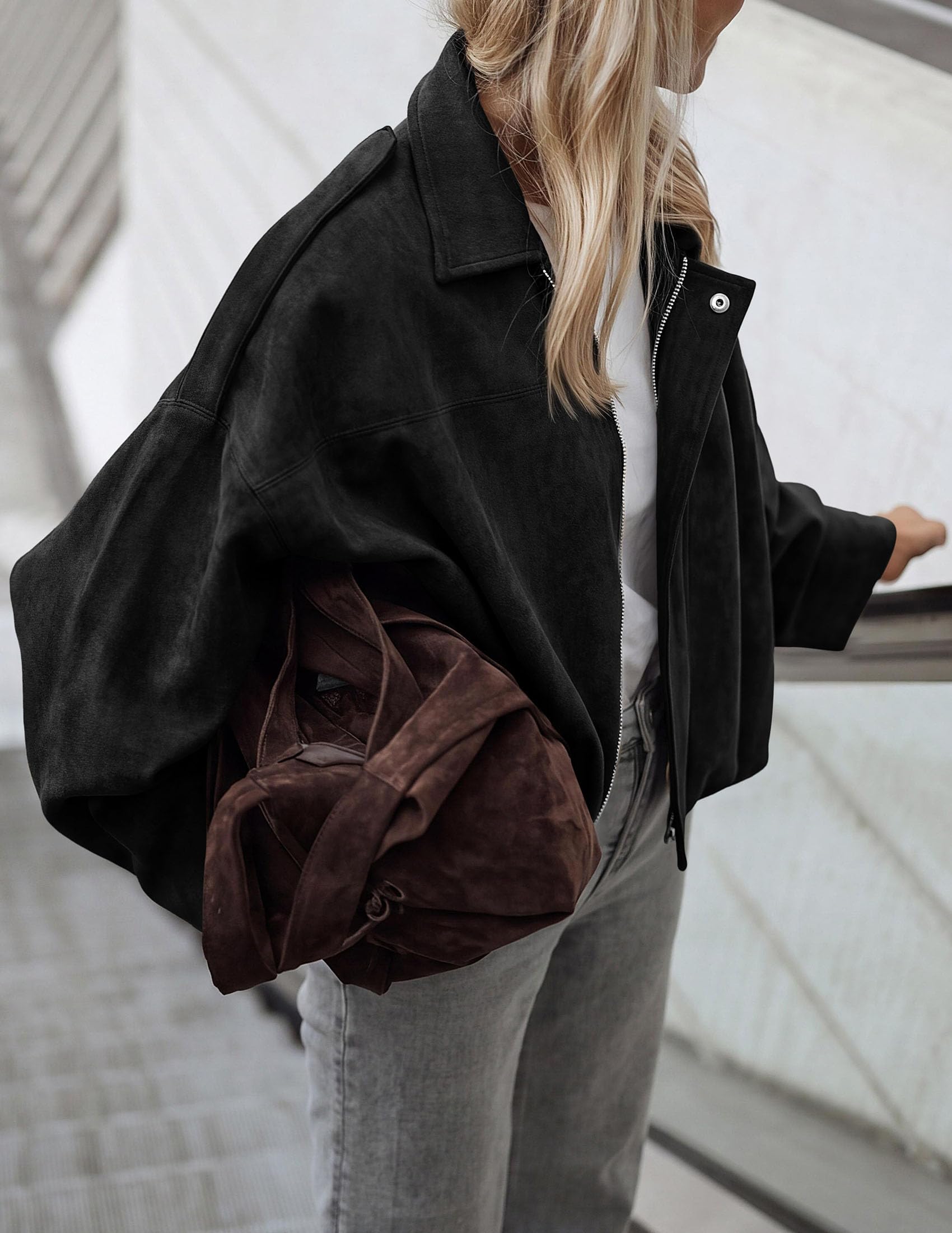 Faux Suede Jacket Women Fall Cropped Western Bomber Jacket