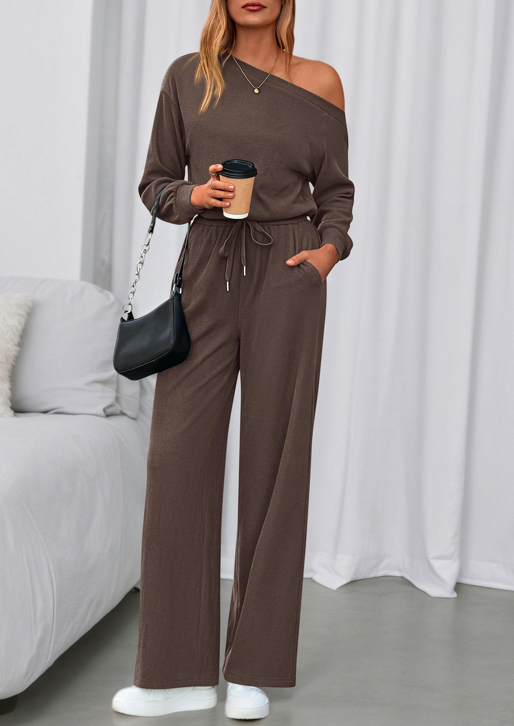 Womens Off Shoulder Long Sleeve Jumpsuit,Brown,S
