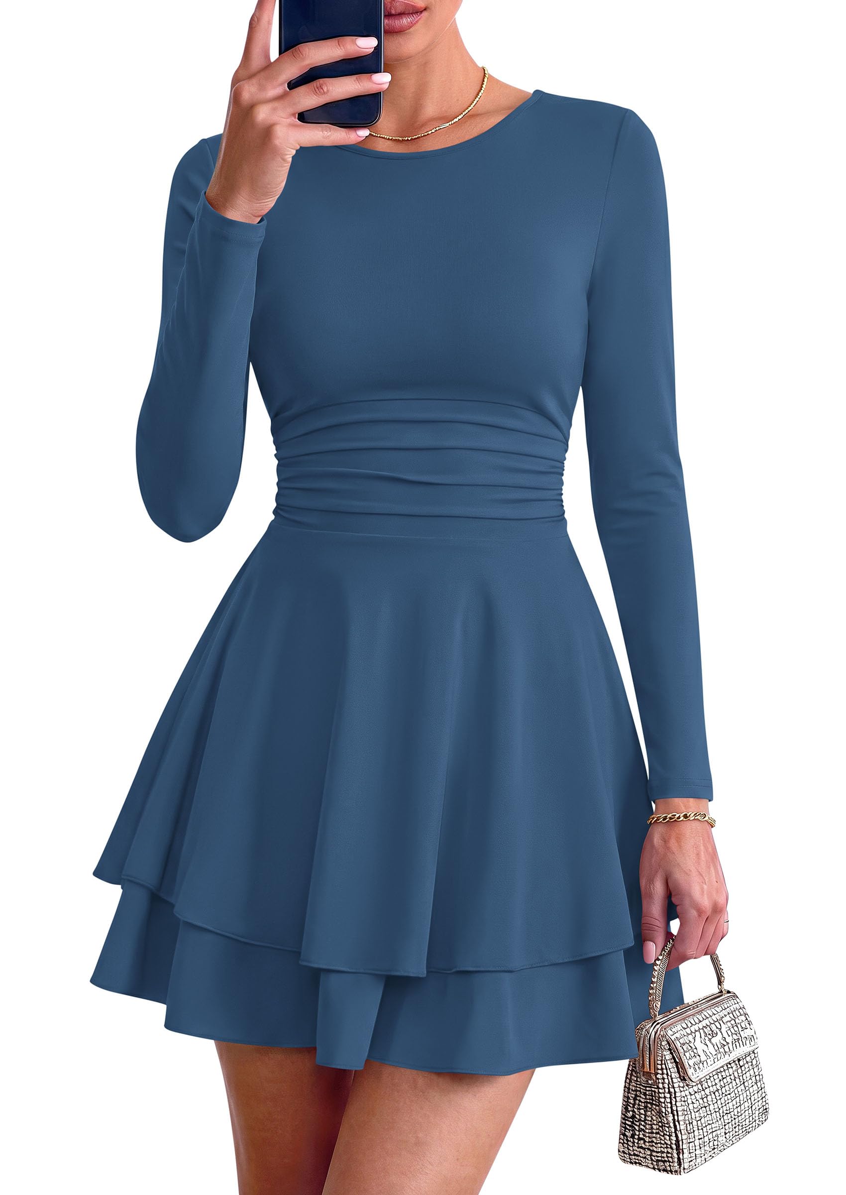 Womens Fit and Flare Crewneck Long Sleeve Mini Dress Grey Blue