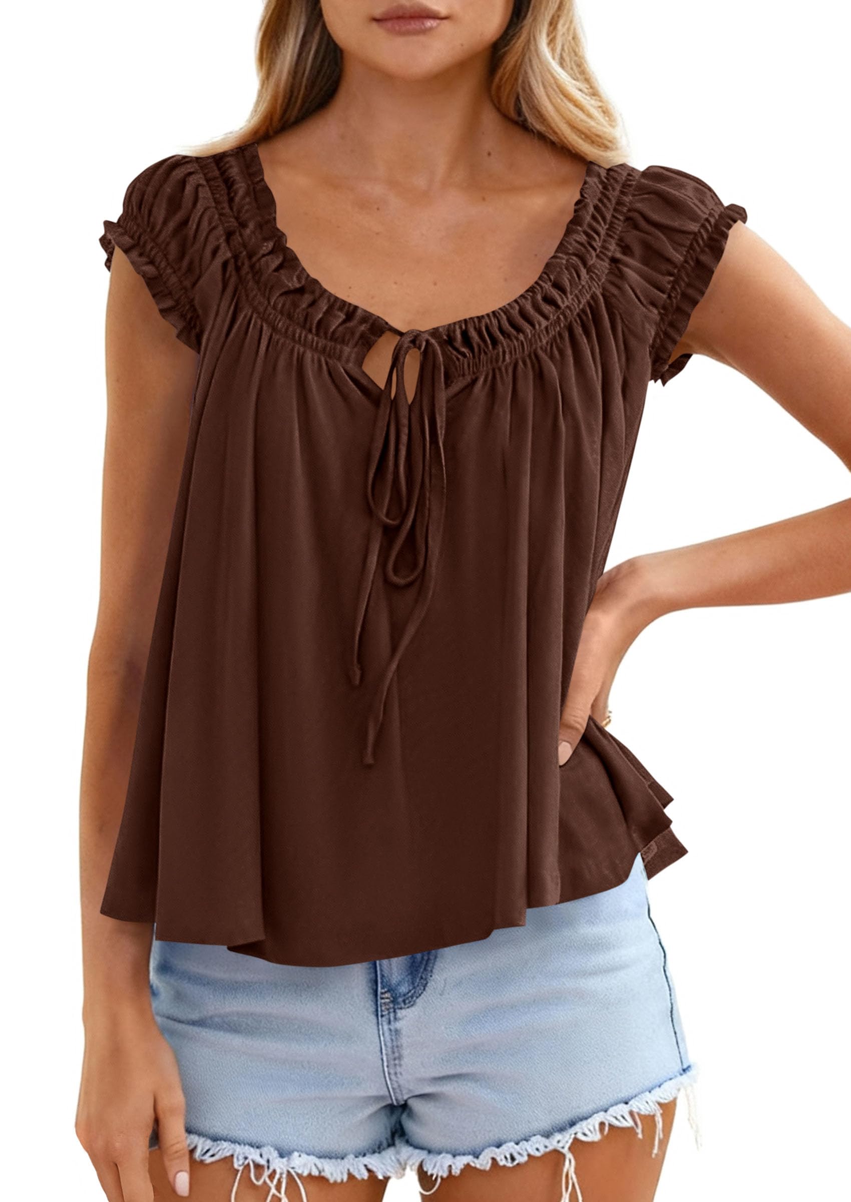 Womens Summer Tank Tops Babydoll Peplum Blouses,Brown,XS