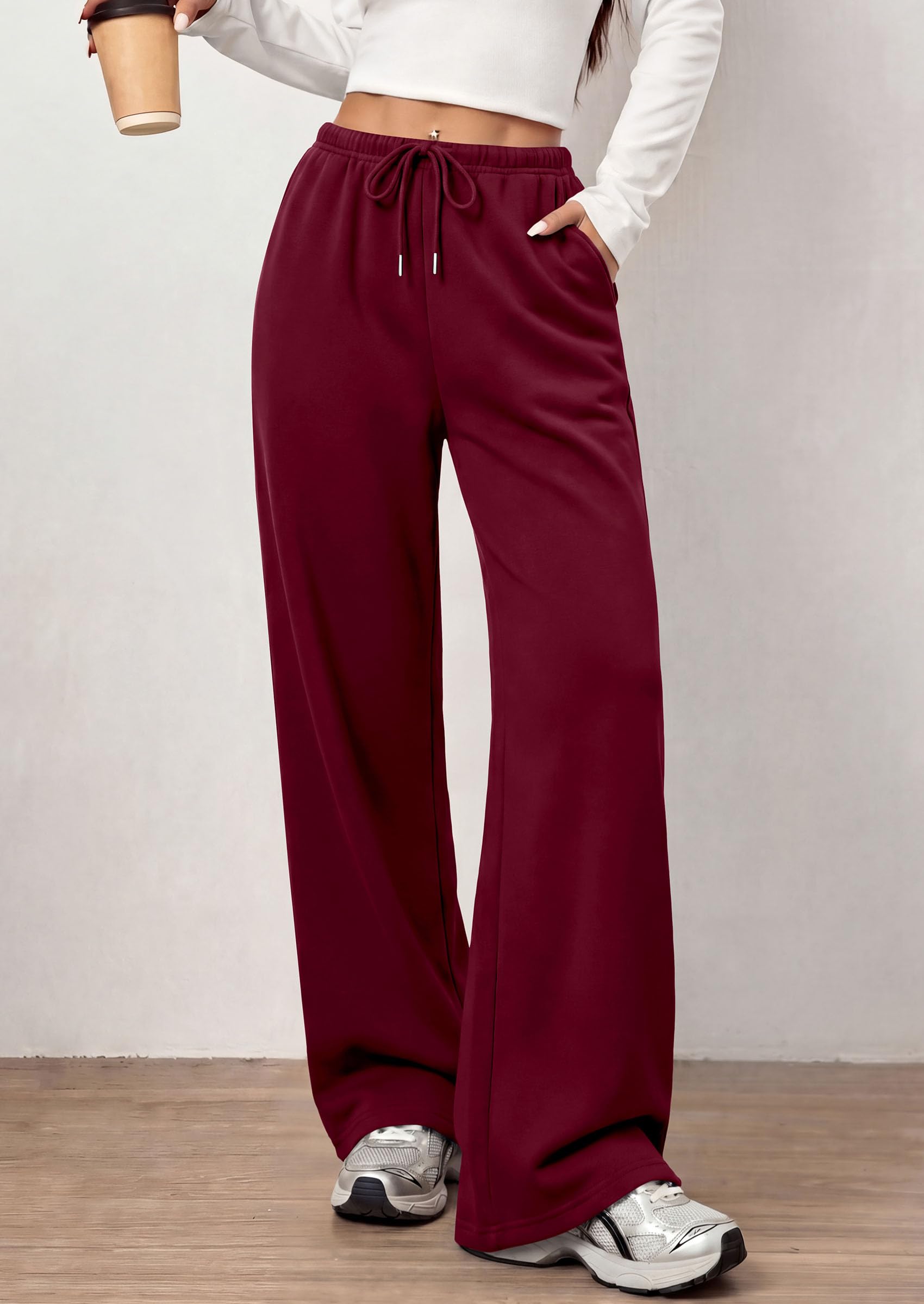 Womens Wide Leg Sweatpants Fleece Fall Sweat Pants,Wine Red