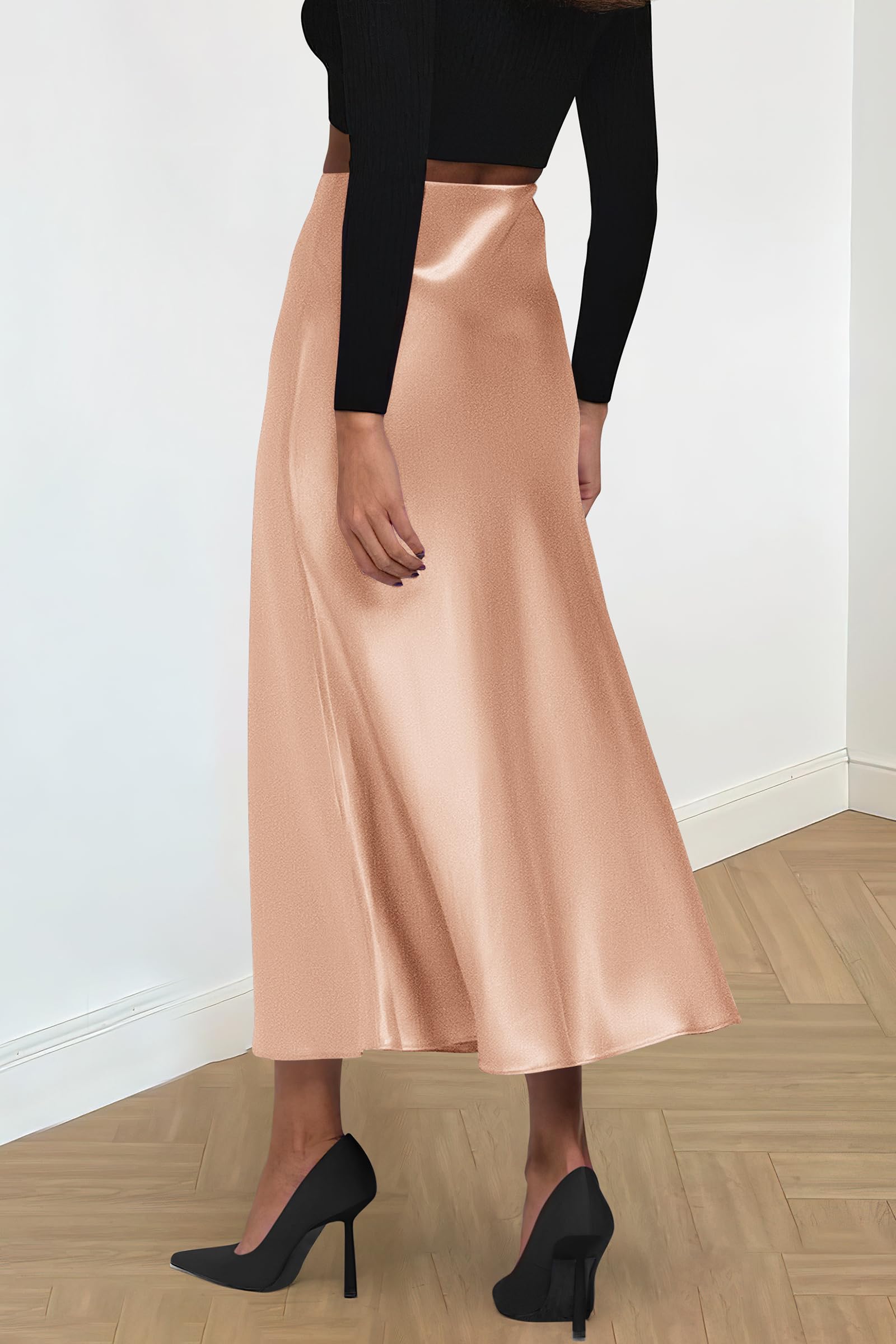 Women's Satin Midi Skirts Dressy Casual,Champagne,S