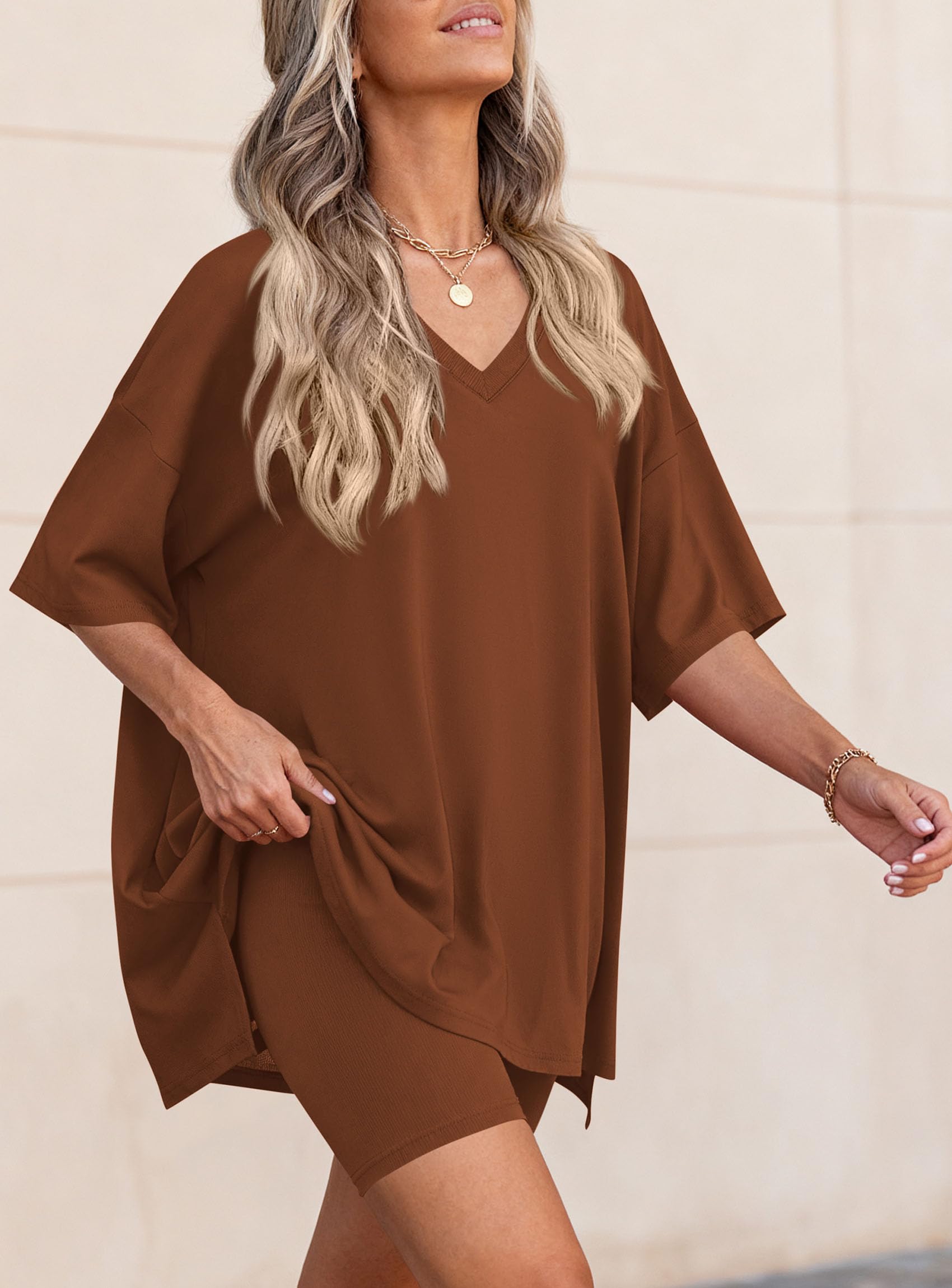 Womens 2 Piece Outfit Lounge Short Sets,Brown,S