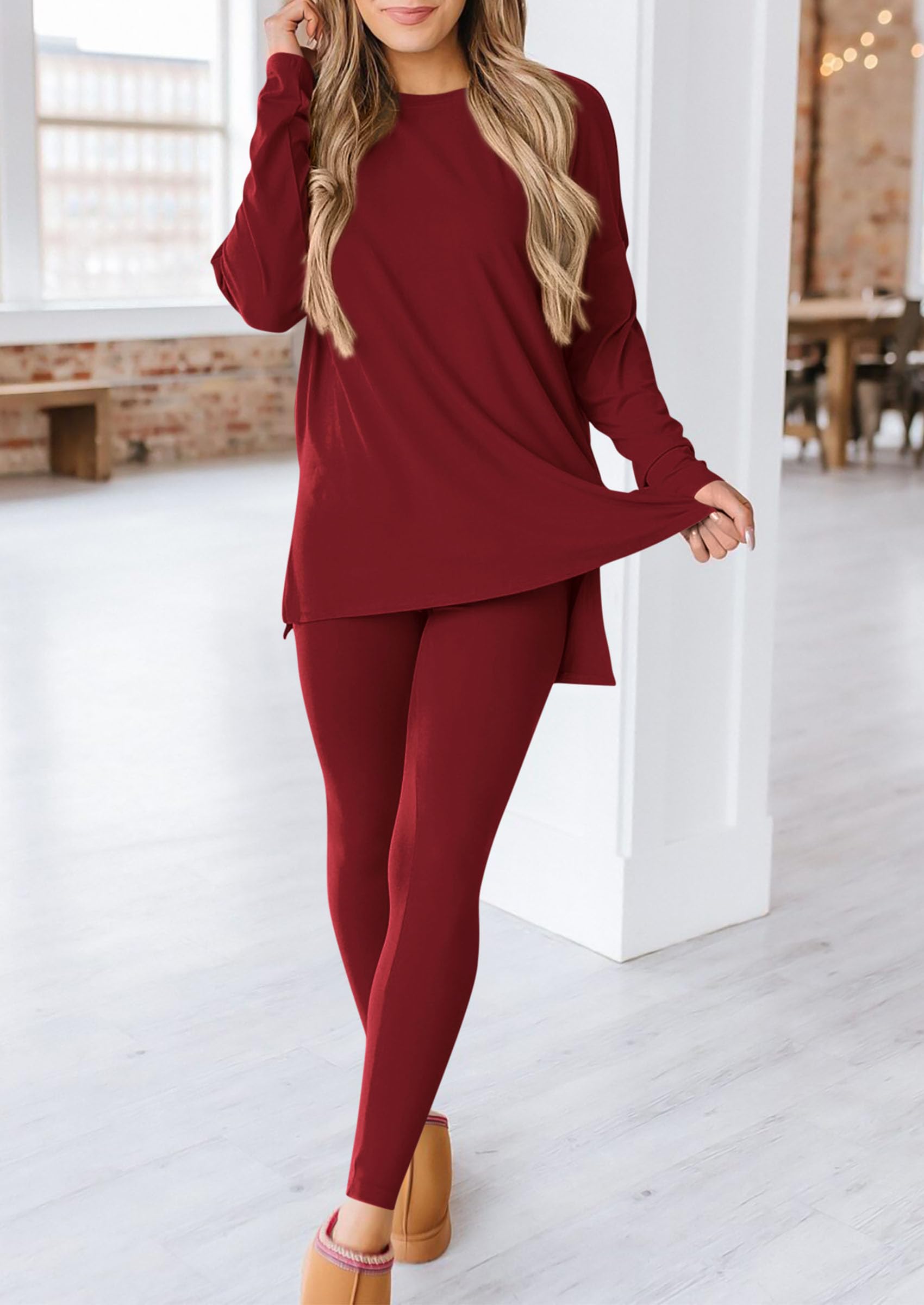 Women's 2 Piece Outfits Matching Lounge Sets,Wine Red,S