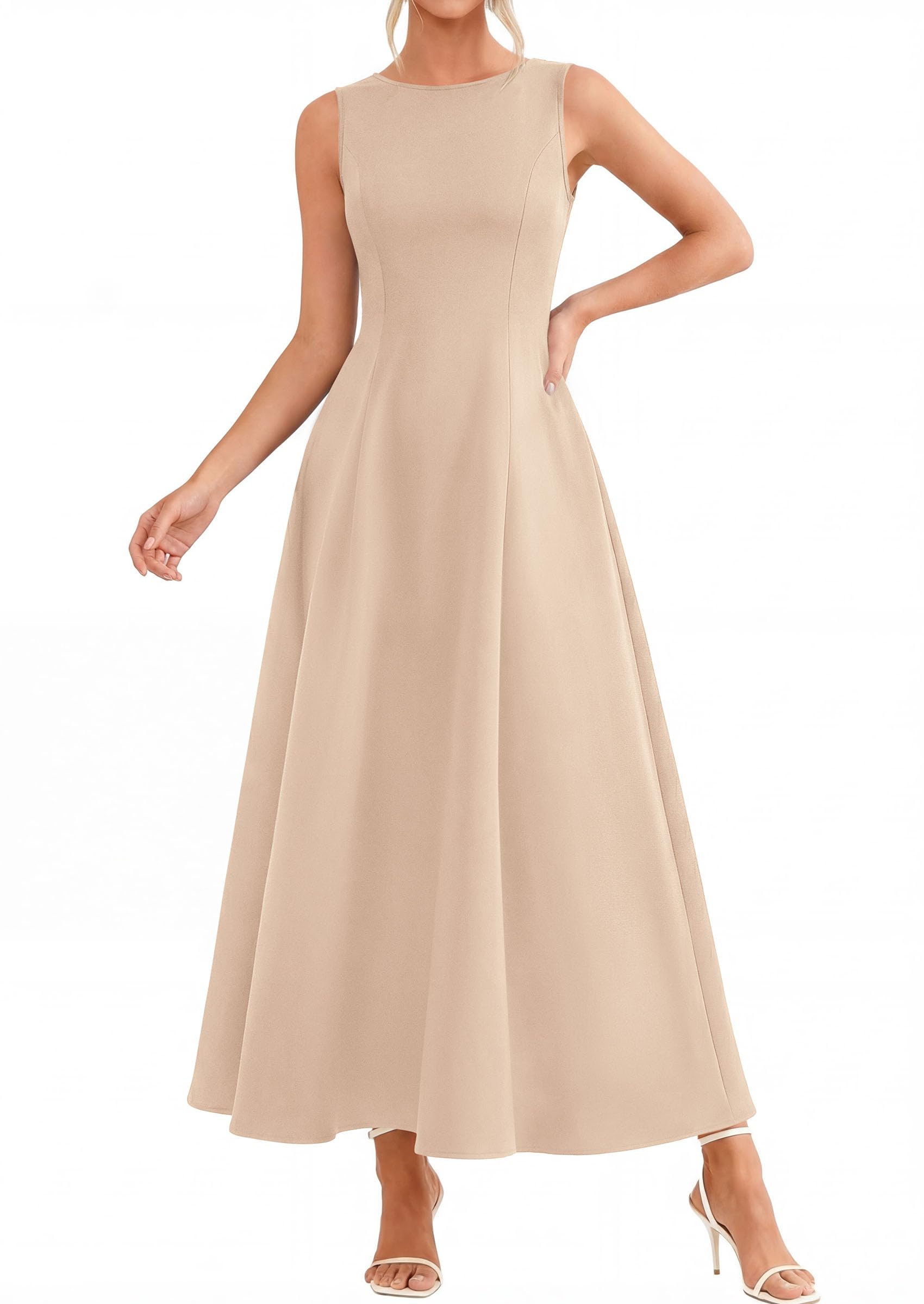 Women's Sleeveless Summer Elegant Maxi Dresses, Beige,S