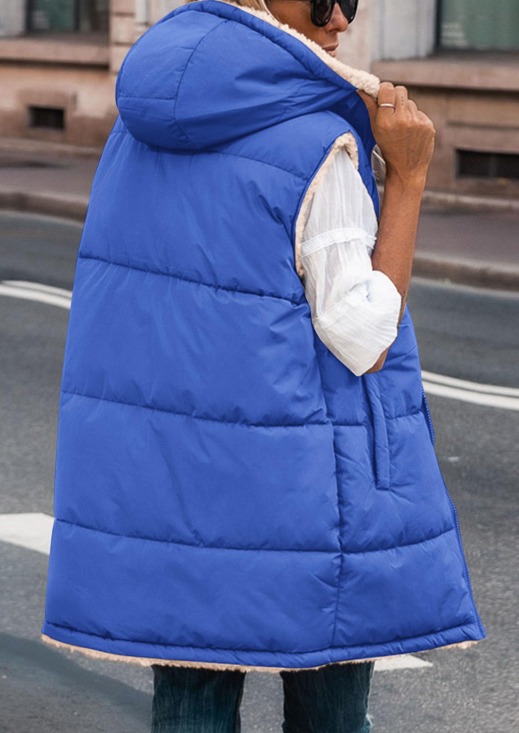 Women's Winter Reversible Fleece Long Vests(Royal Blue,S)