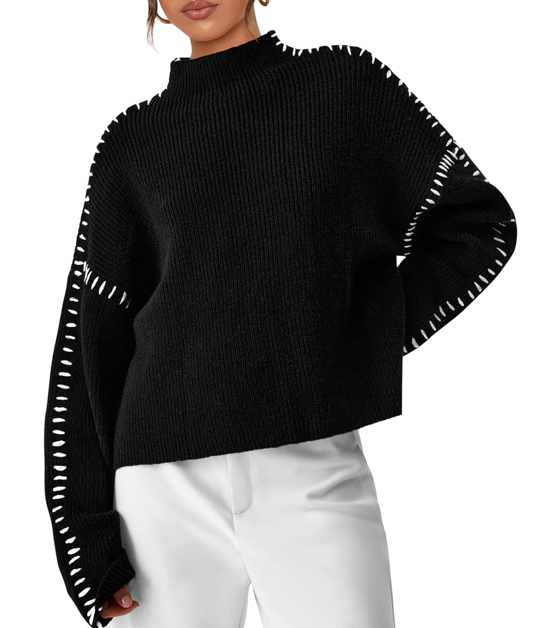 Womens Chunky Knit Oversized Pullover Sweaters,Black,S