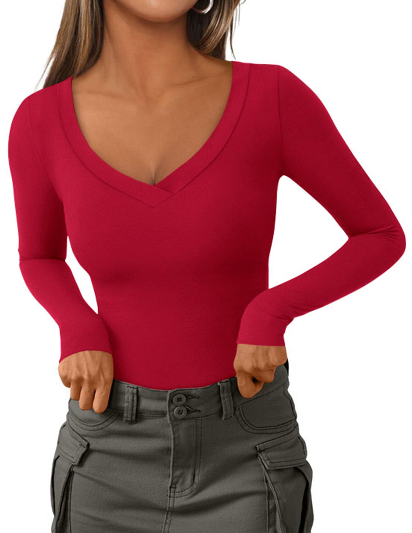 Women's V Neck Long Sleeve Shirts,Red,X-S