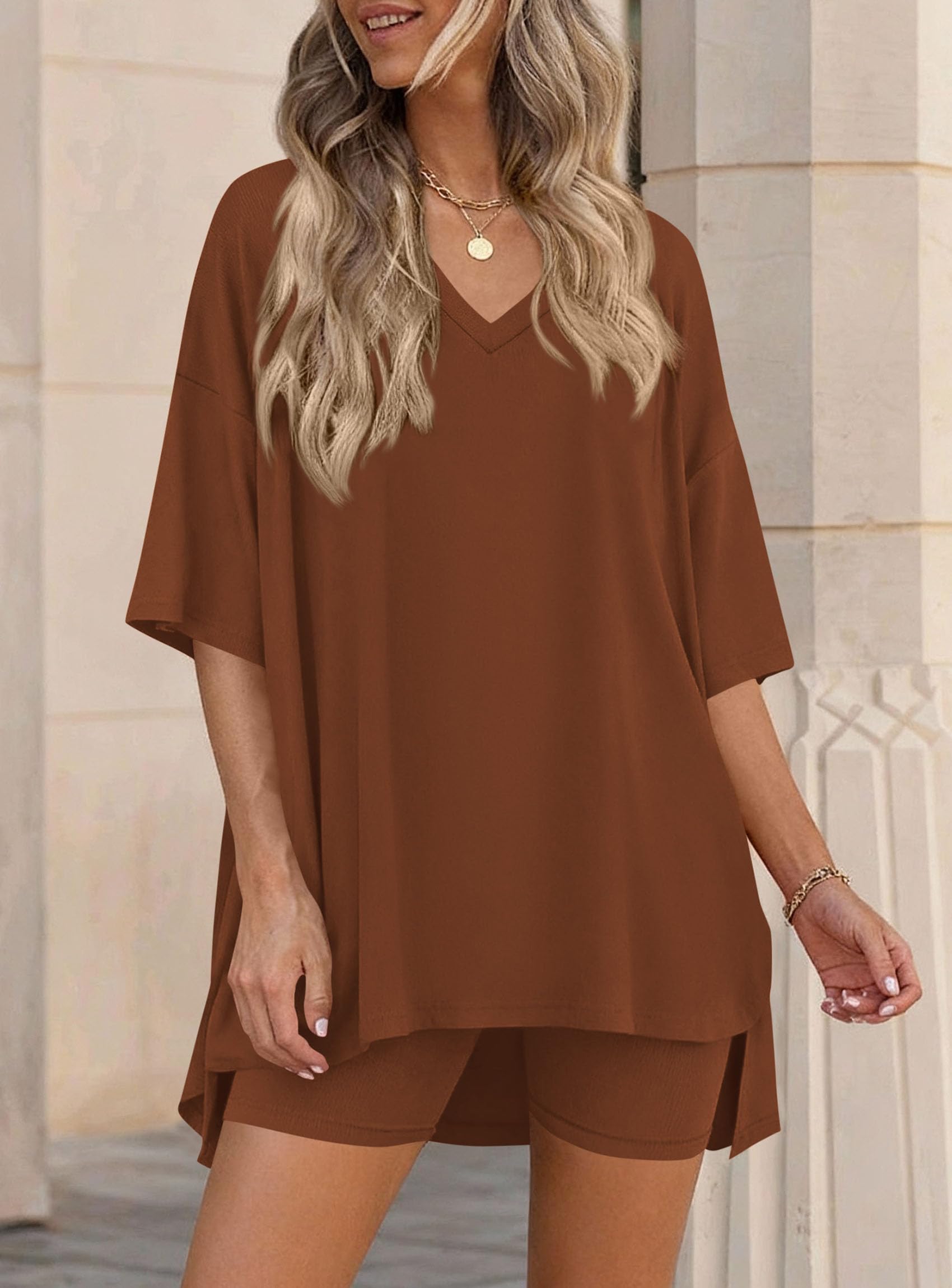 Womens 2 Piece Outfit Lounge Short Sets,Brown,S