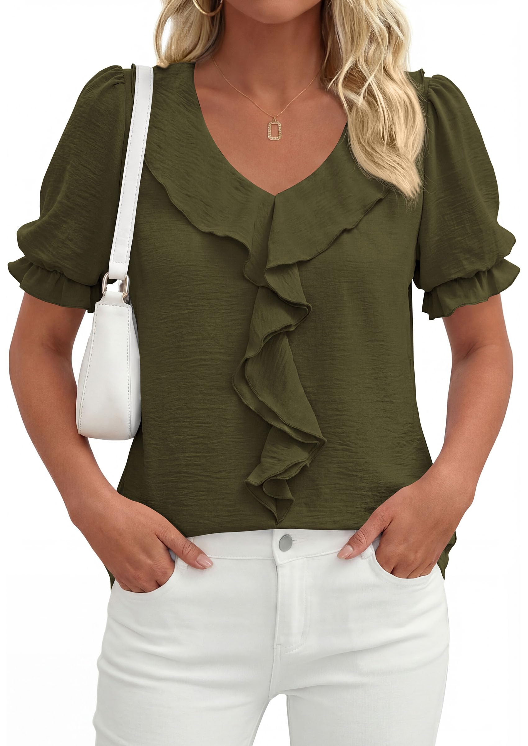 Women's Summer Ruffle Dressy Casual Blouses (Army Green,S)