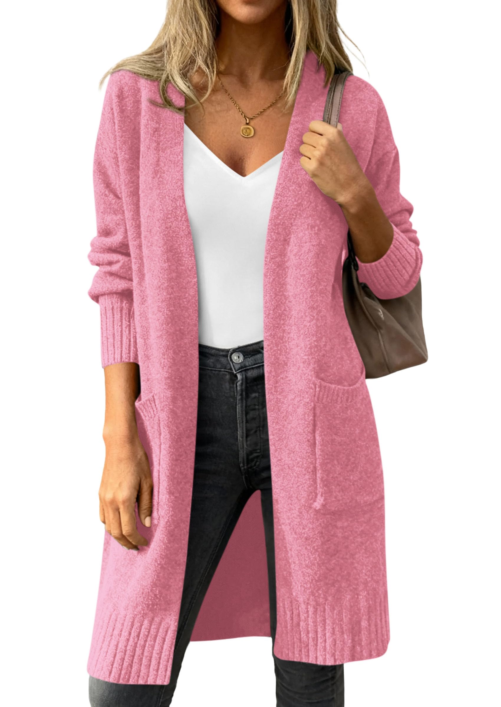 Women's Oversized Open Front Long Knit Cardigan,Pink,M