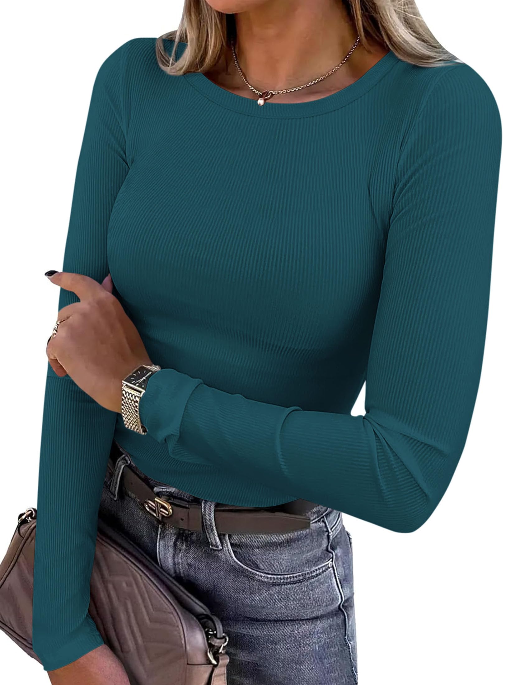 Women's Fall Long Sleeve Shirts Basic Tees (Peacock Blue,XS)