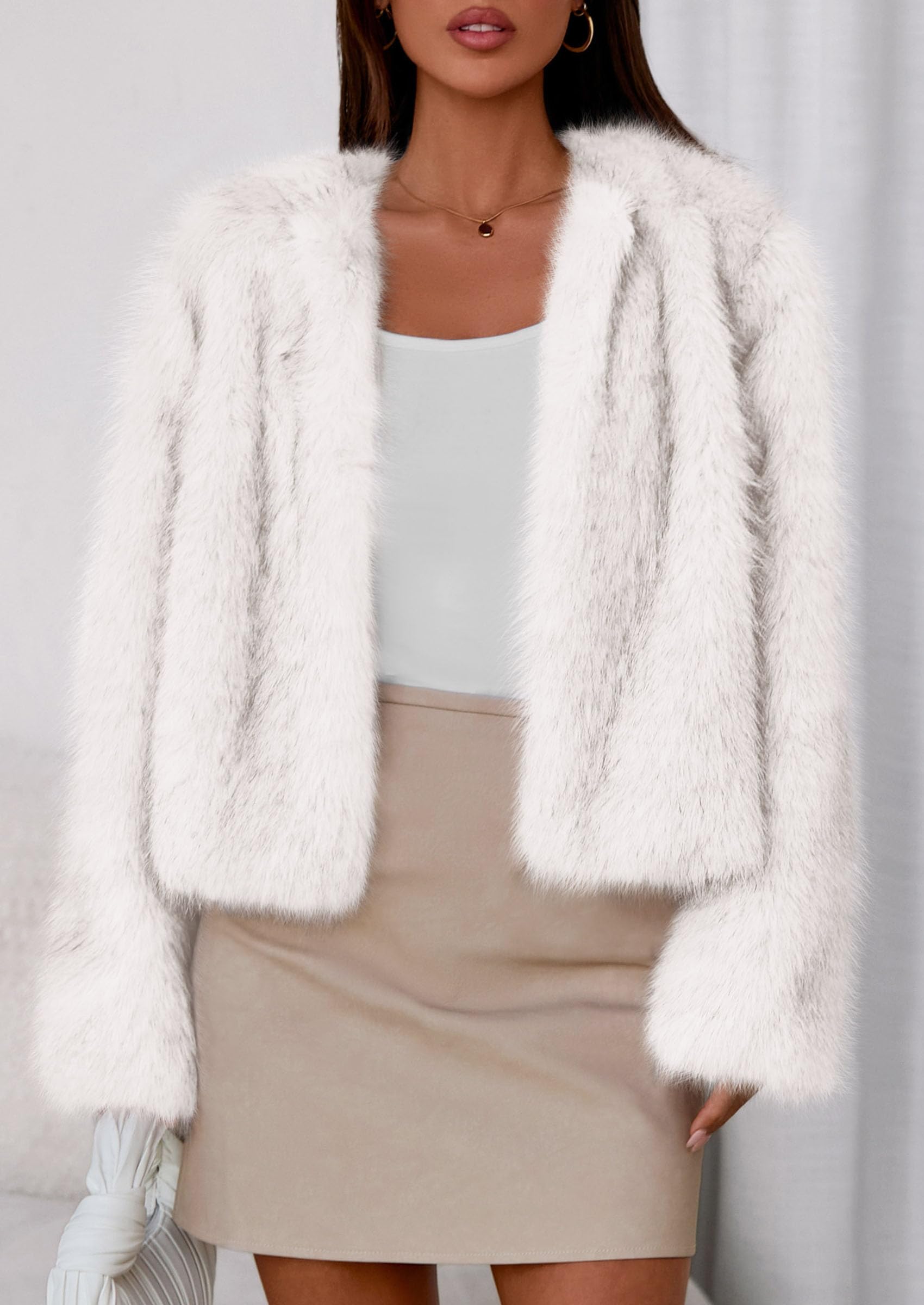 Womens Winter Coats Open Front Faux Fur Jacket,White,XXL