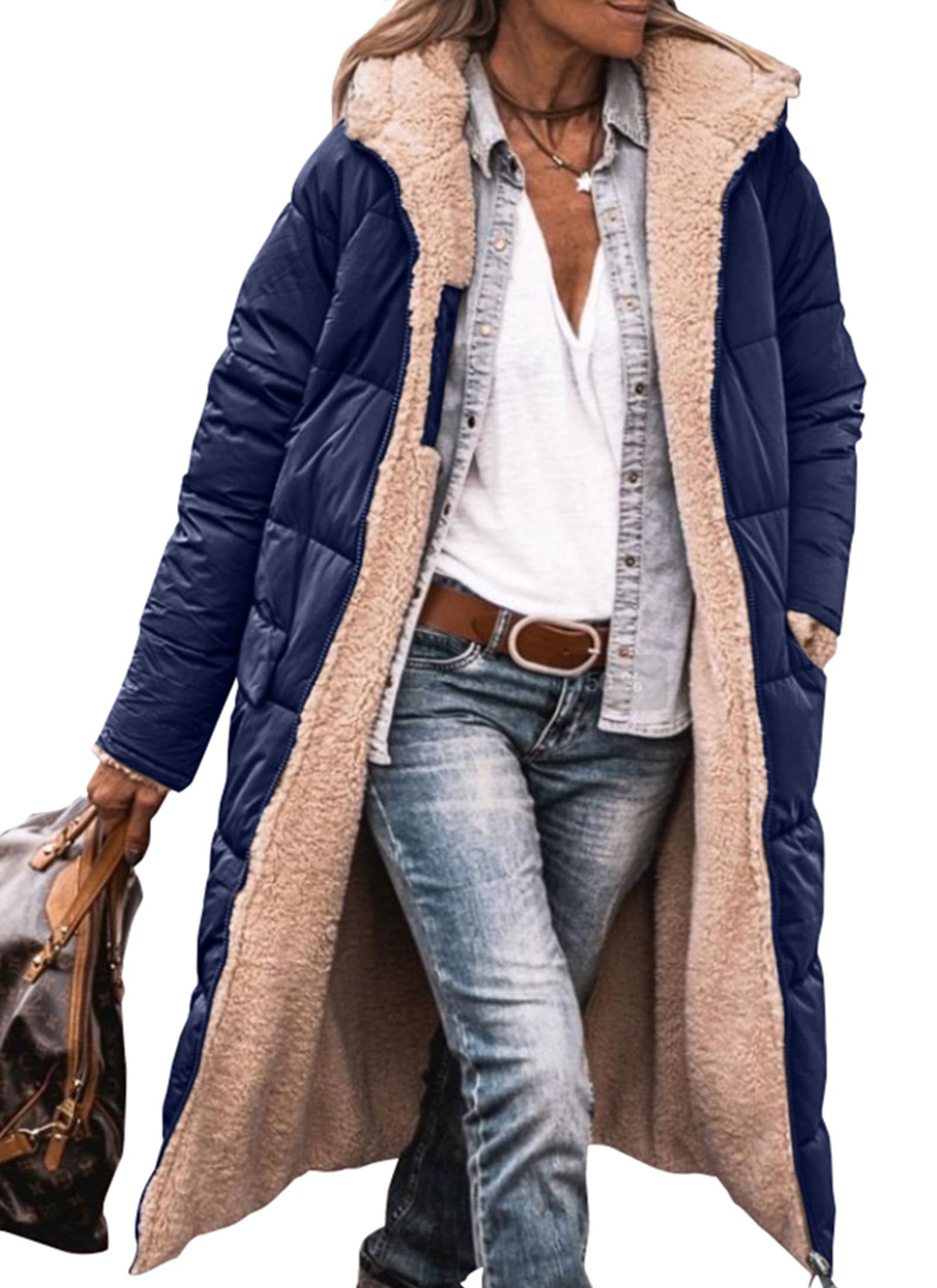 Women's Winter Fleece Warm Long Coats(Navy,Small)