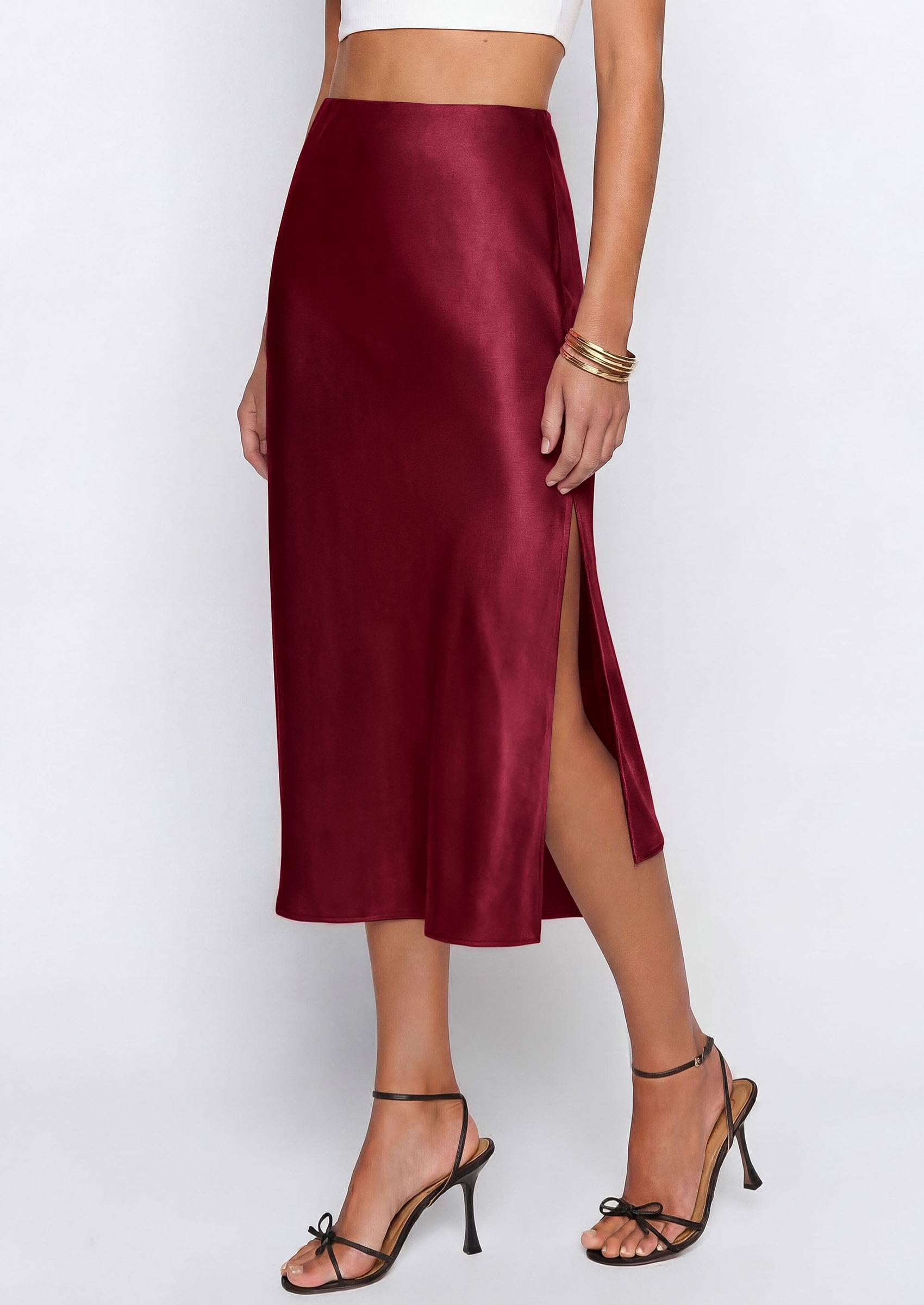 Womens Satin Skirt Silk Slip Midi Work Skirts, Burgundy, S