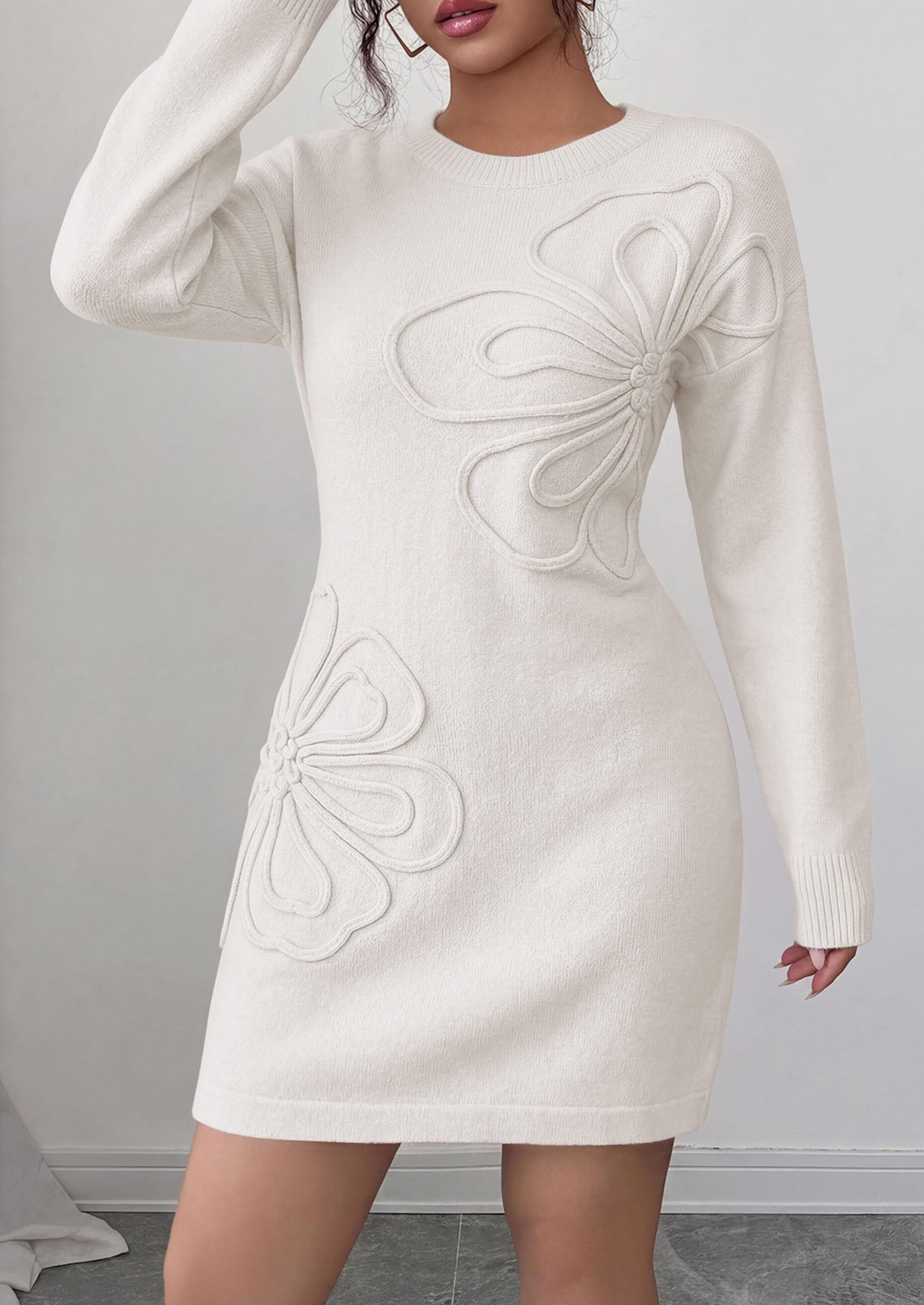 Women's Embroidered Long Sleeve Bodycon Mini Sweater Dress
