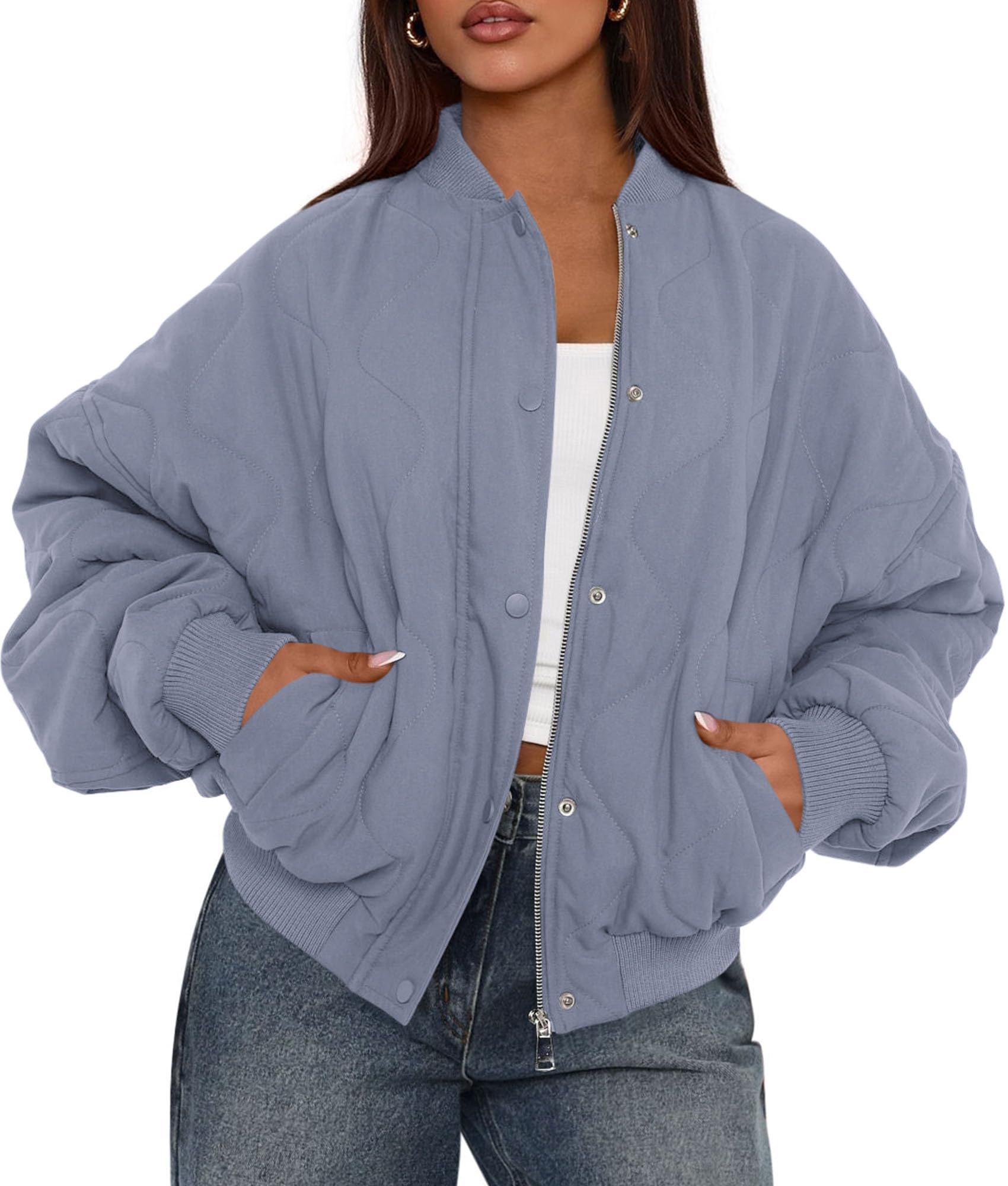 Women's Quilted Bomber Jacket Fall Fashion 2026 Lightweight Cropped Zip up Outerwear Winter Puffer Coats Pockets (Dusty Blue,Small)