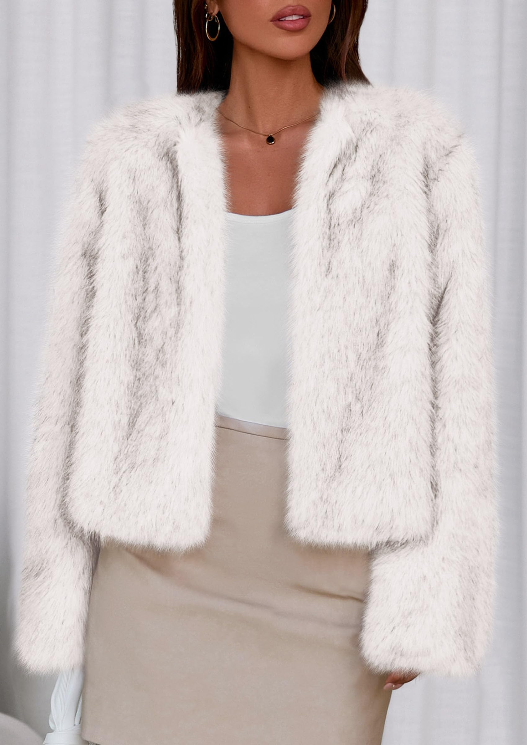 Womens Winter Coats Open Front Faux Fur Jacket,White,XXL
