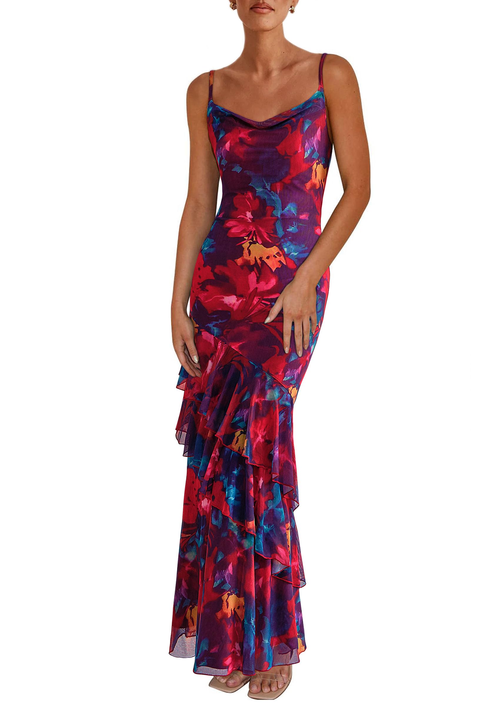 Women's Boho Floral Tiered Maxi Dress, Navy Red Big Floral,XS