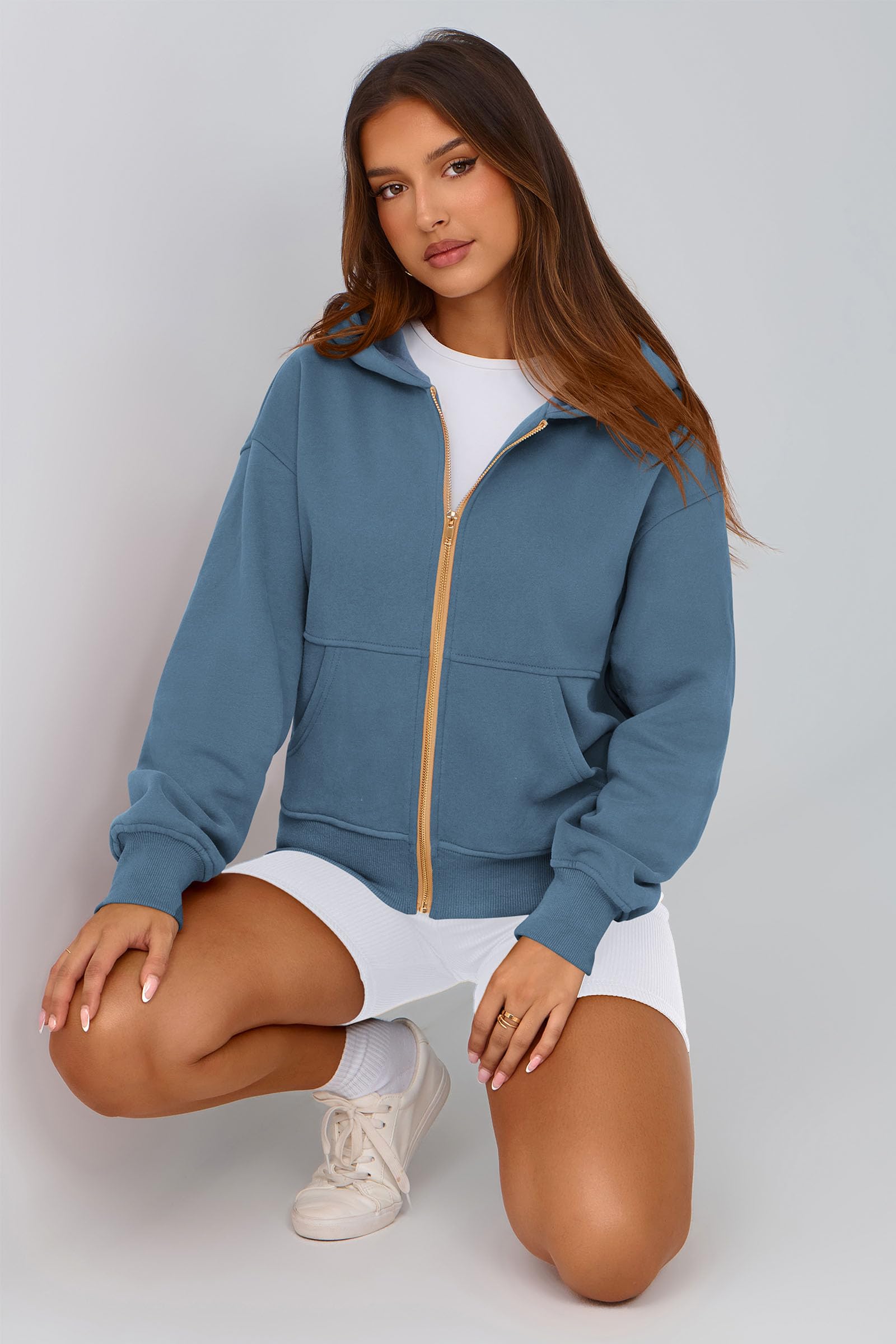 Hoodies for Women Fall Fashion Zip Up Fleece Plain Sweatshirt