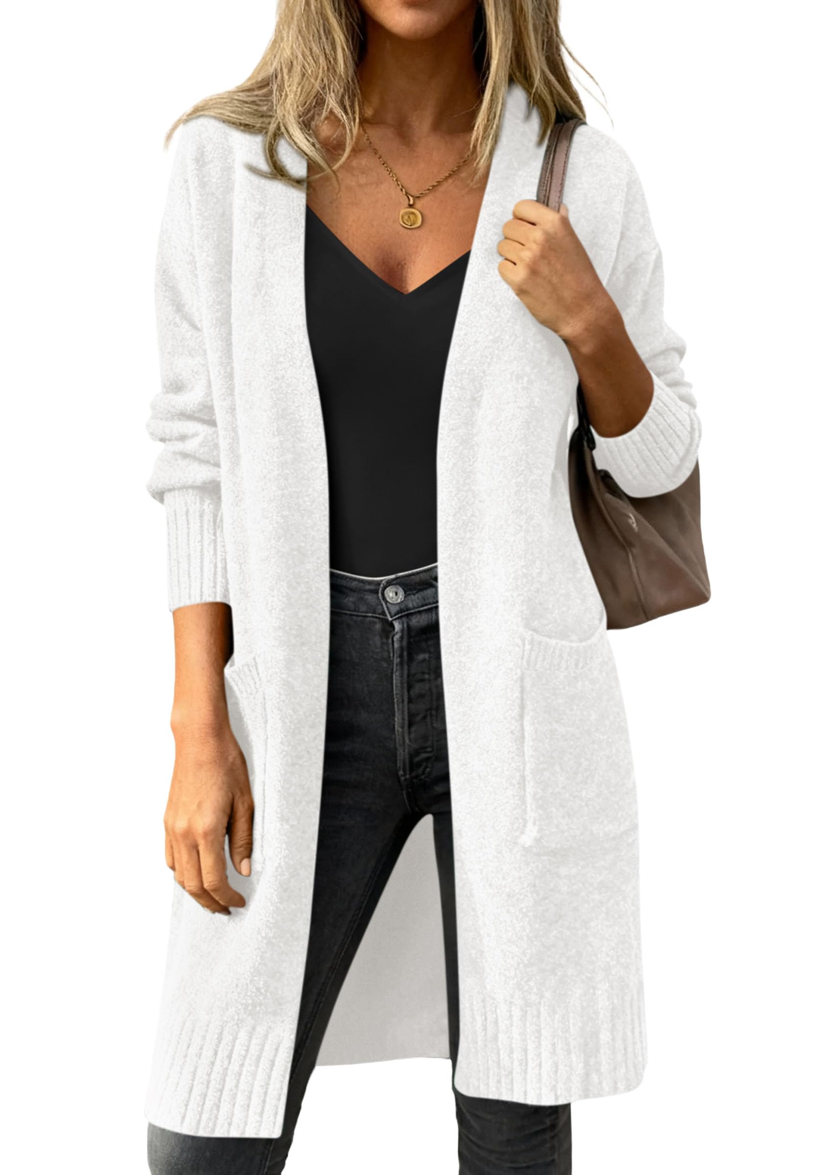 Women's Oversized Open Front Long Knit Cardigan,White,S