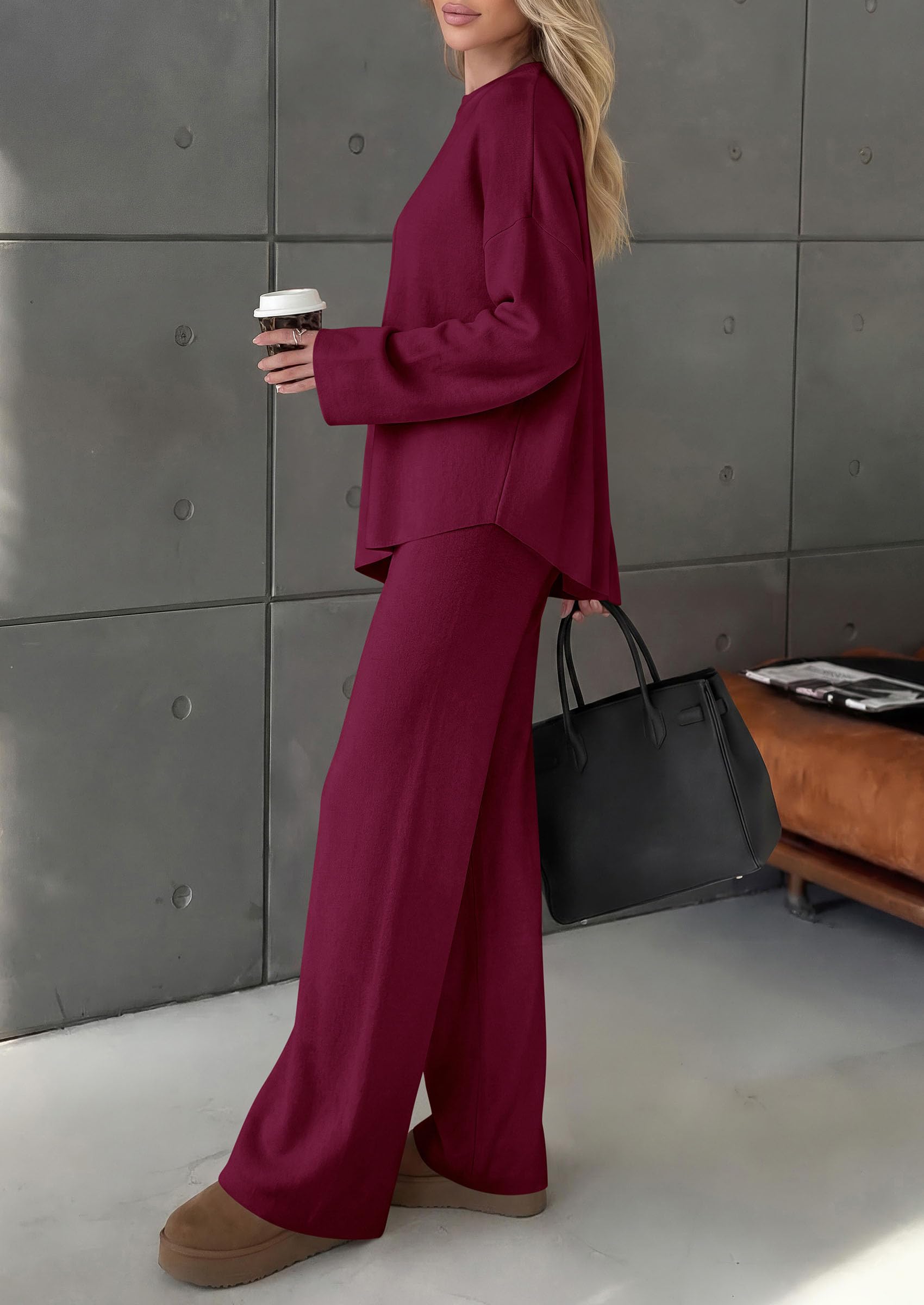 Womens Fall 2 Piece Asymmetric Cozy Sweater Travel Lounge Sets