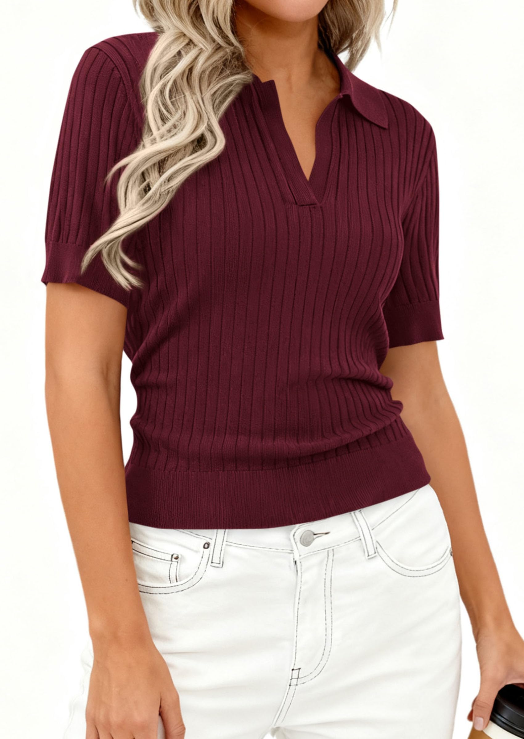 Women's Short Sleeve Sweater Polo Shirts,Dark Burgundy,XS