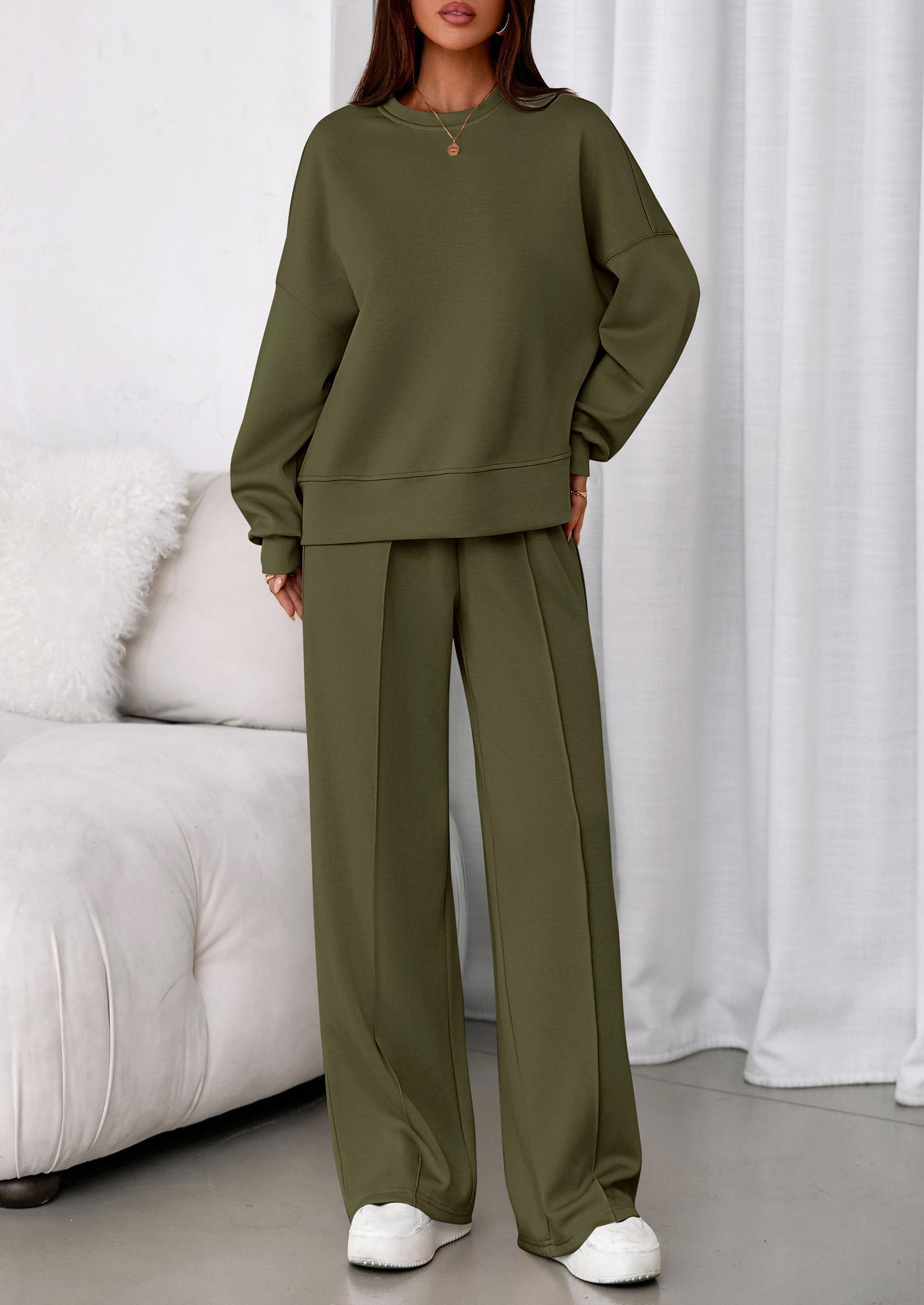 Womens Long Sleeve Sweatshirt 2 Piece Sets,Army Green,S