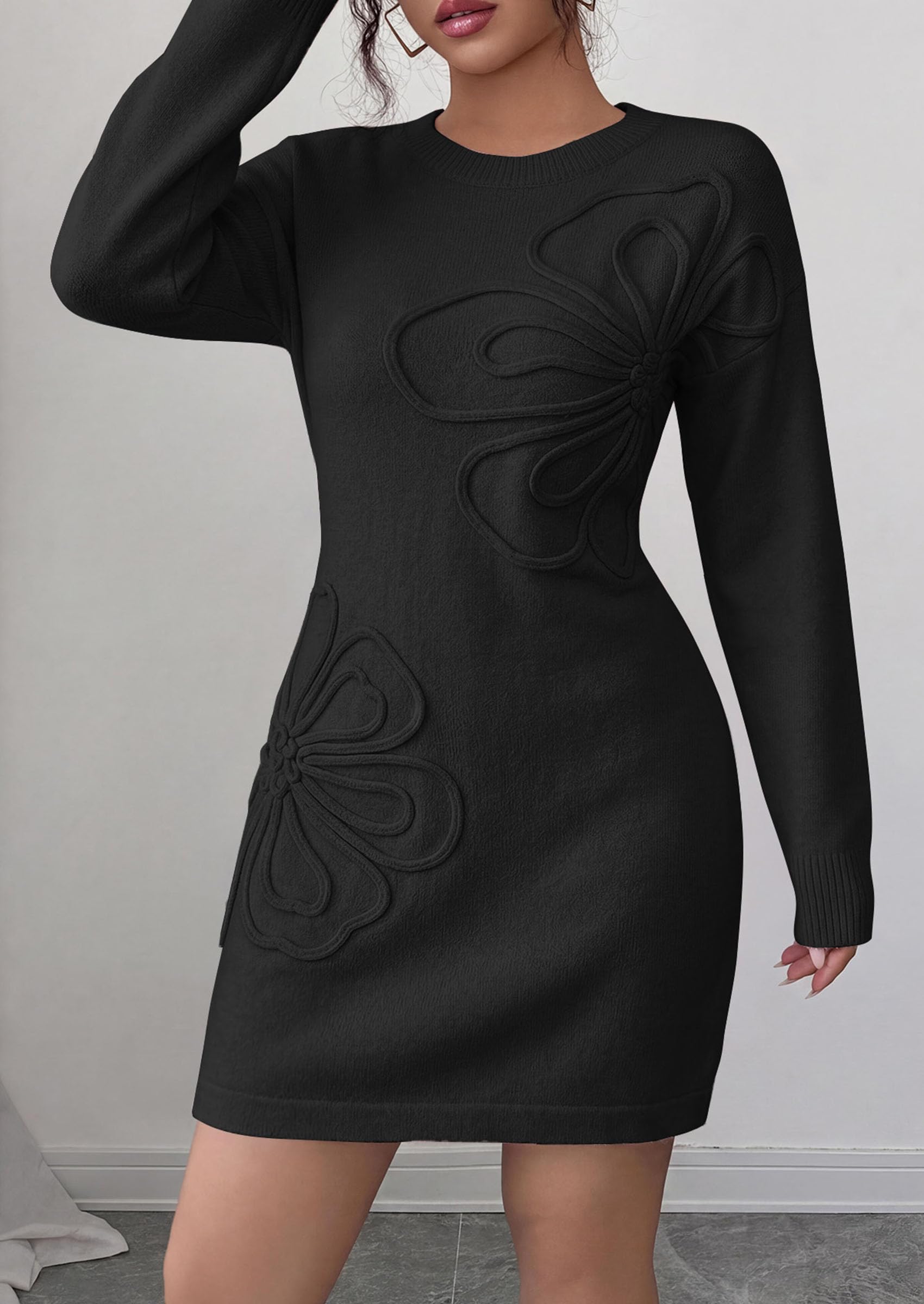 Women's Embroidered Long Sleeve Bodycon Mini Sweater Dress
