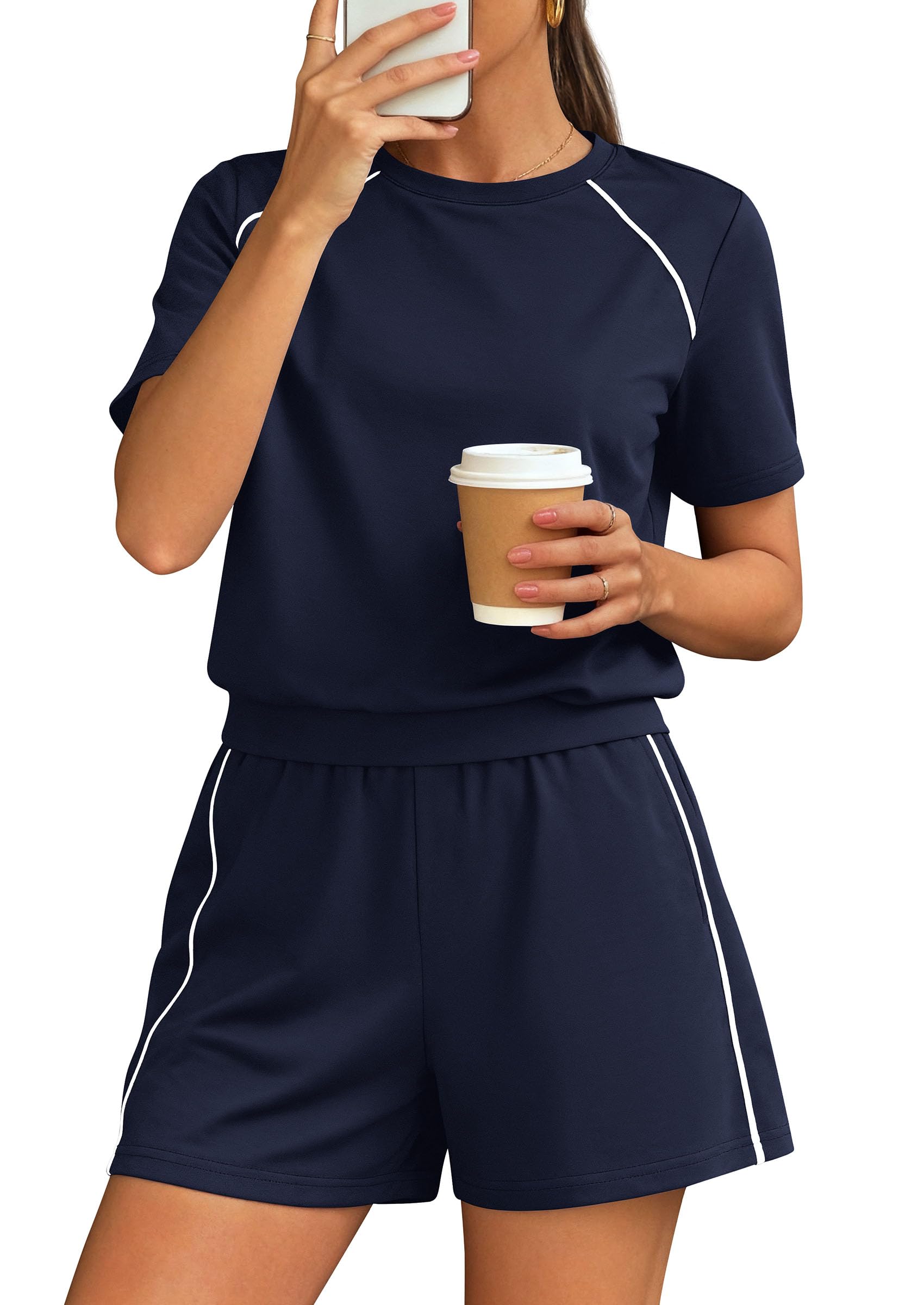 Womens 2 Piece Short Sets Casual Summer Outfits, Navy Blue,S
