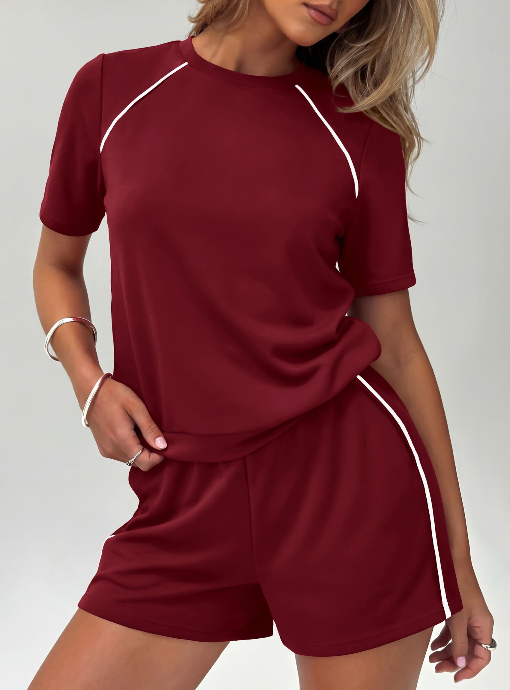 Womens 2 Piece Short Sets Casual Summer Outfits, Burgundy,S