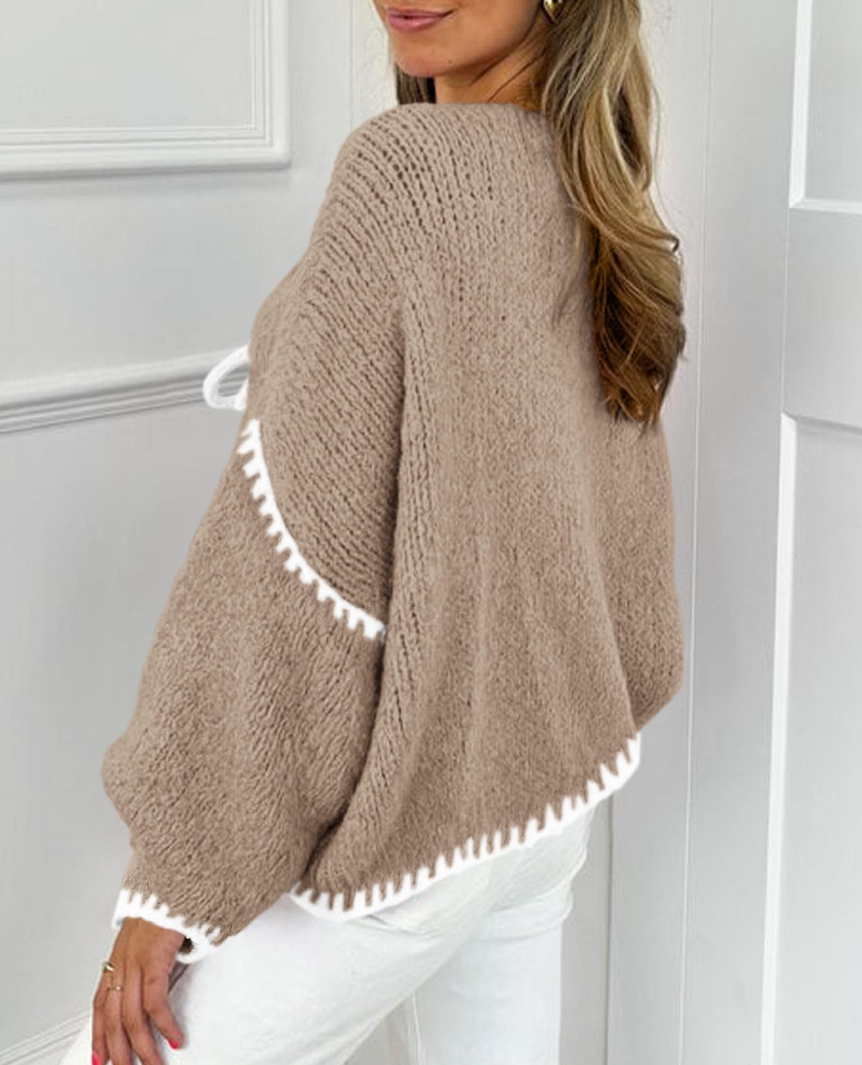 Women's Tie Front Bow Cardigan Sweaters(Camel White,Small)