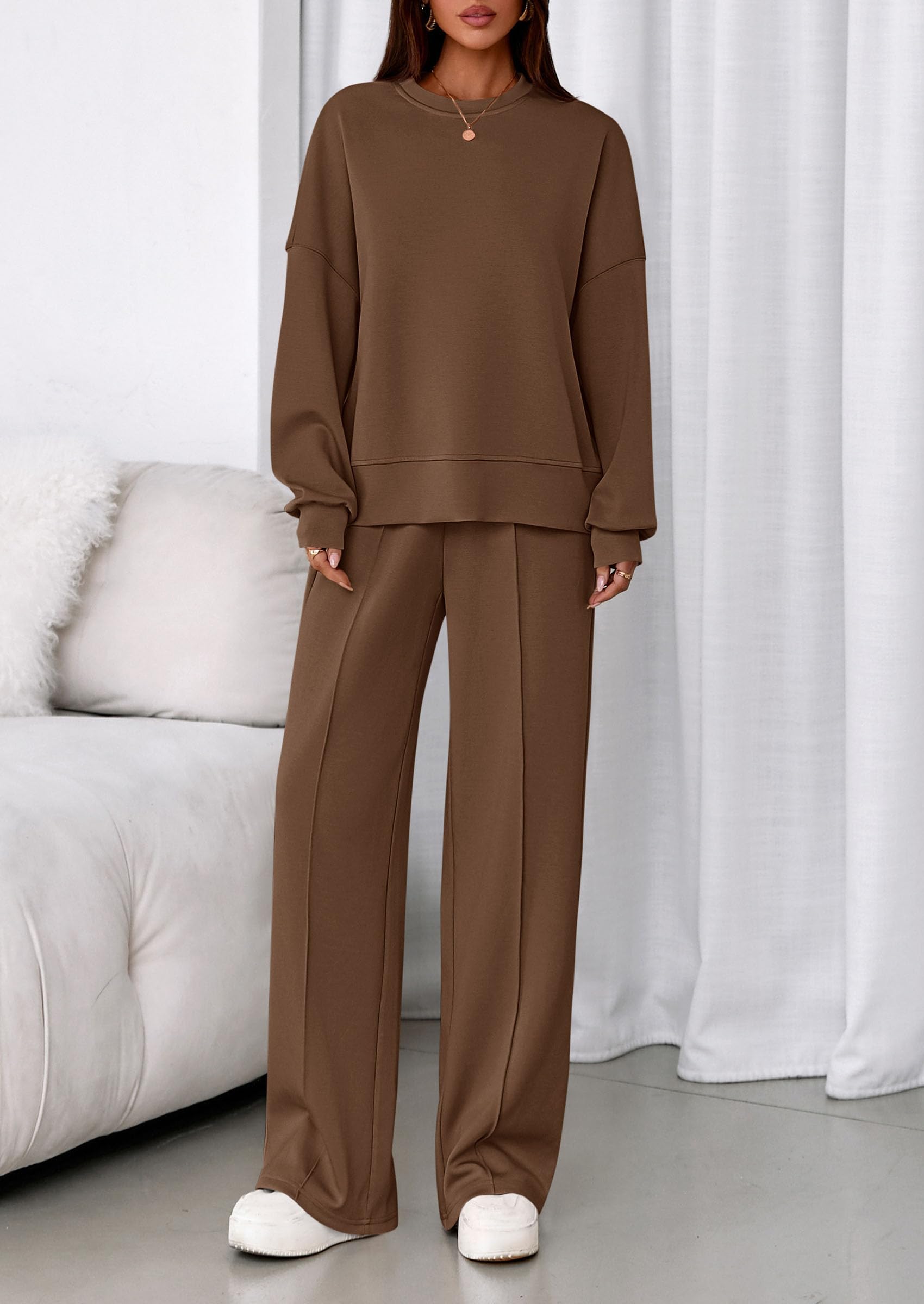 Womens Long Sleeve Sweatshirt 2 Piece Sets,Brown,S