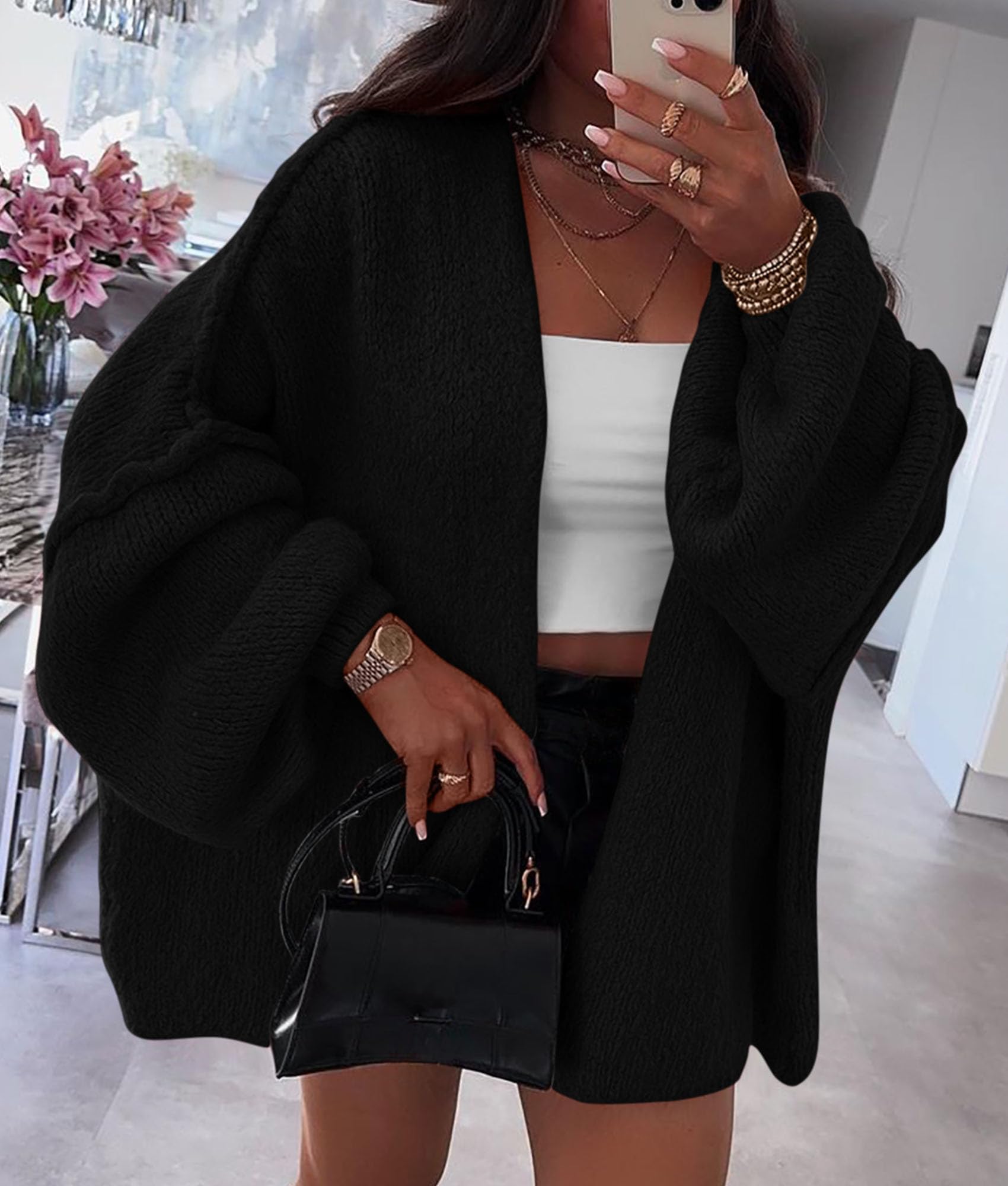 Womens Open Front Oversized Cardigan Sweaters,Black,S