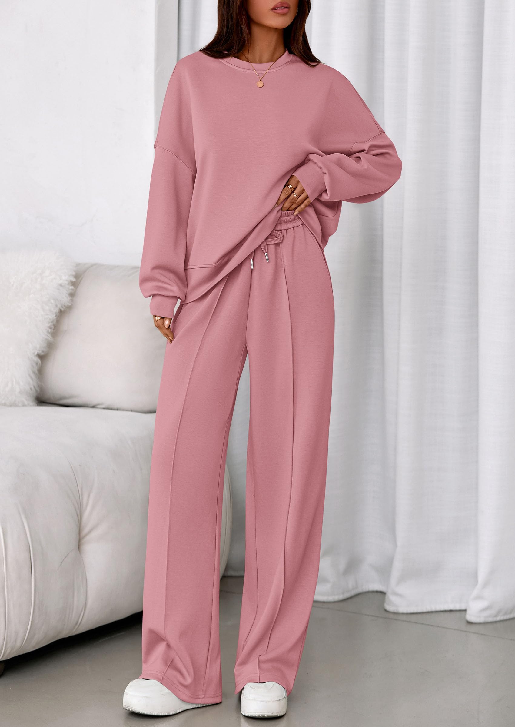 Womens Long Sleeve Sweatshirt 2 Piece Sets,Pink,S