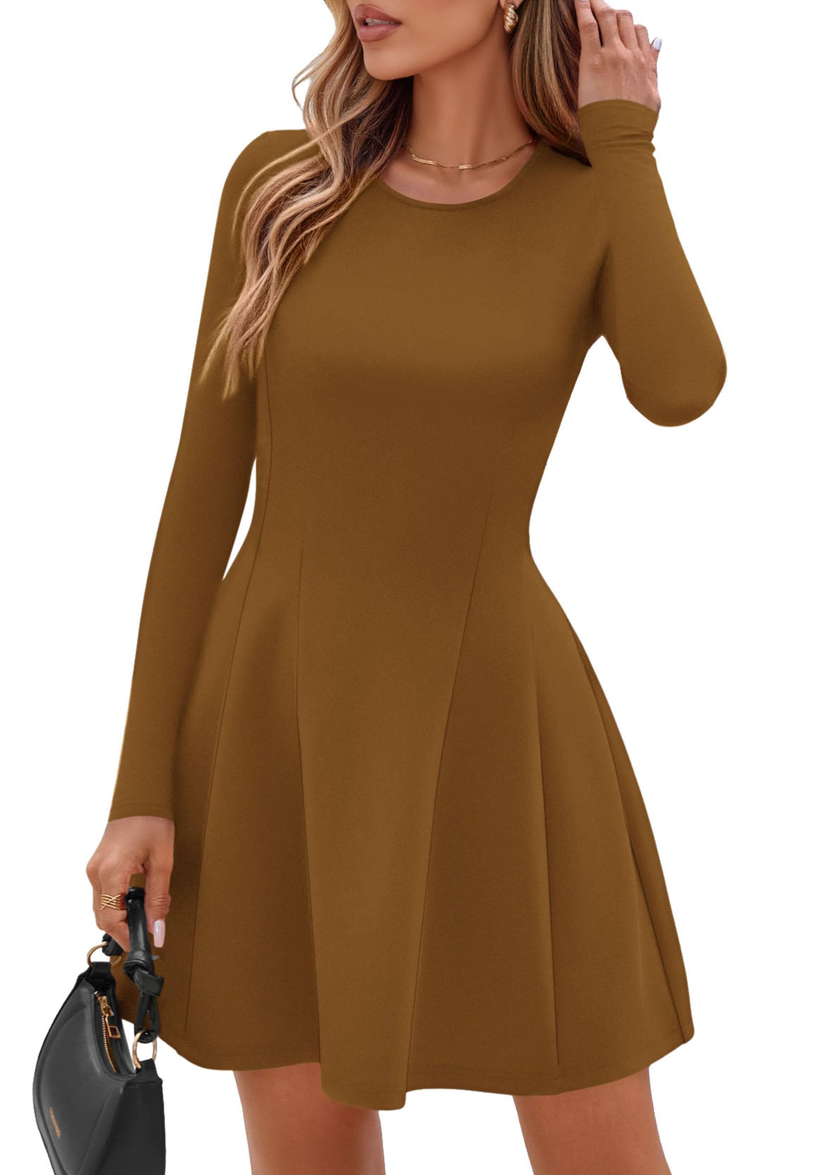 Womens Long Sleeve Pleated Mini Dress,Coffee,XS
