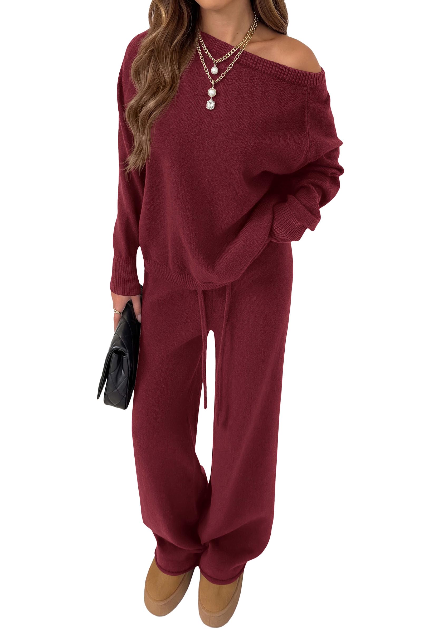 Lounge Sets Womens Sweaters Two Piece Outfits (Wine Red,S)