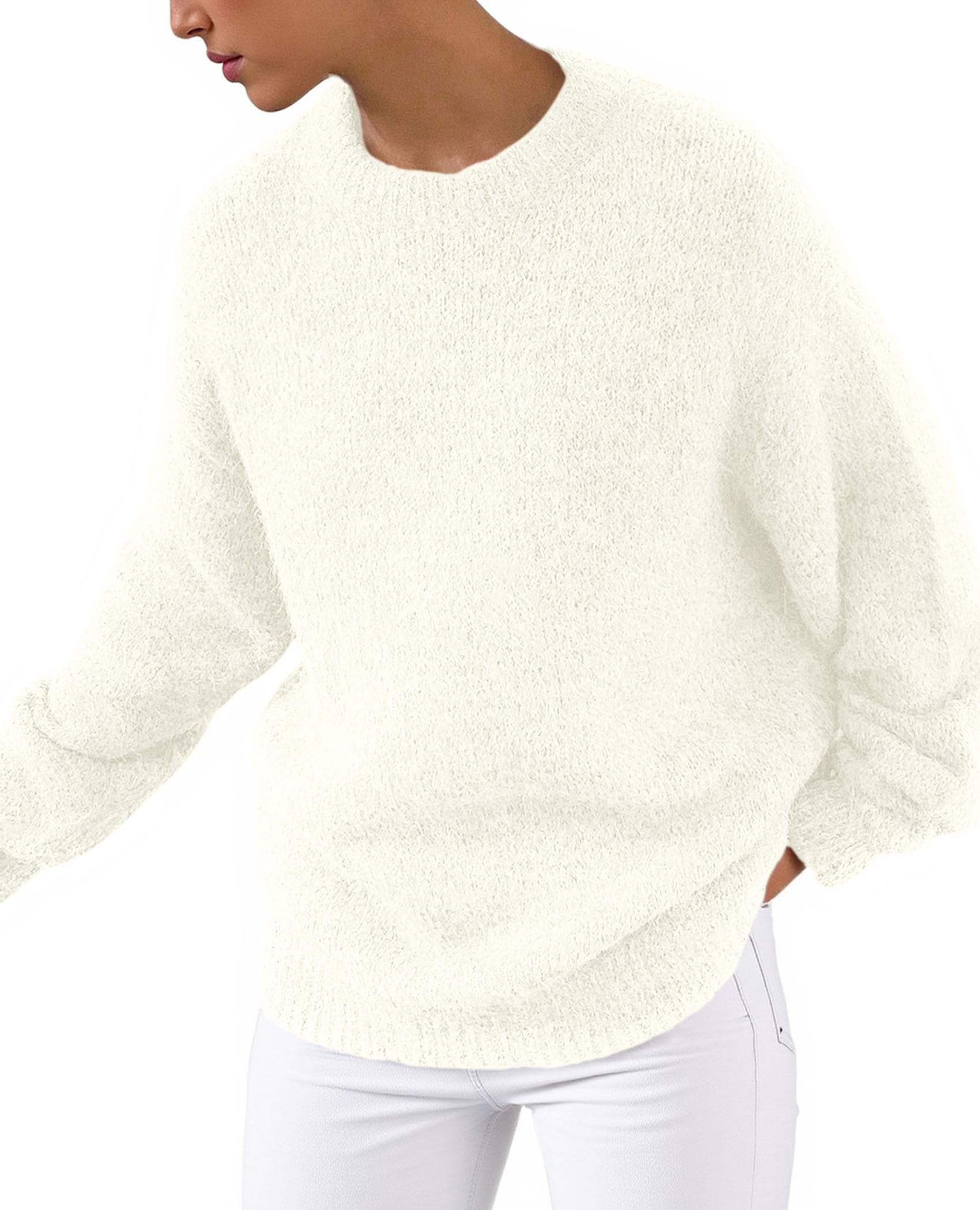 Womens Long Sleeve Oversized Pullover Sweater,White,S