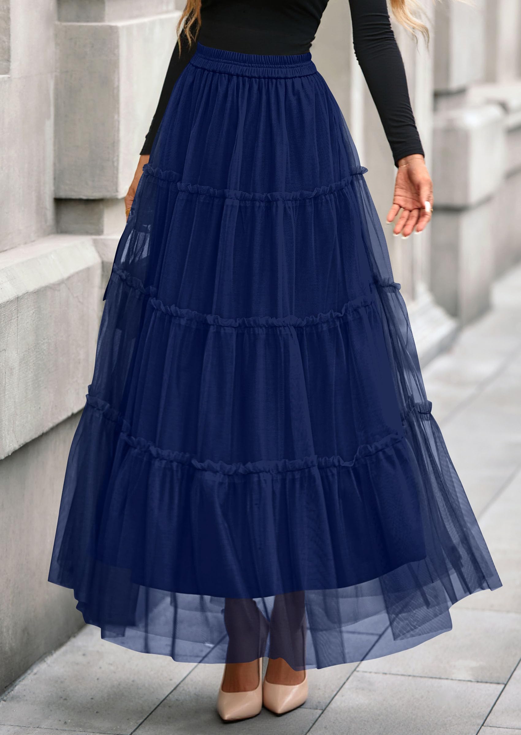 Women's Fall Soft Tulle Tiered Long Skirt,Navy Blue,S