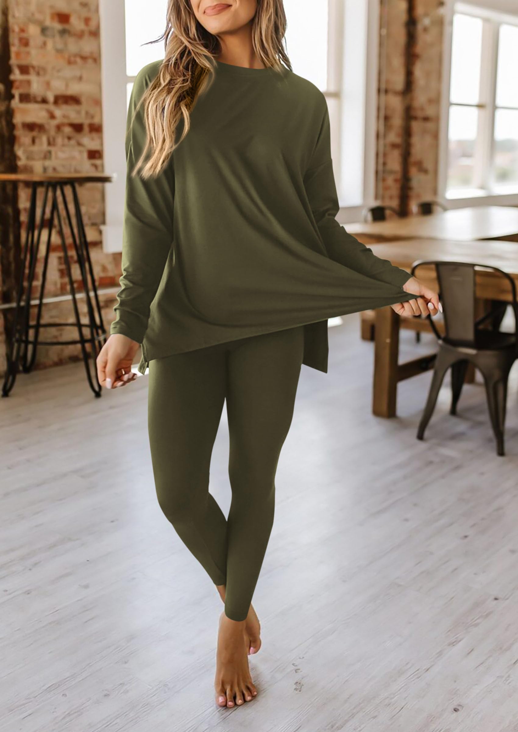Women's 2 Piece Outfits Matching Lounge Sets,Army Green,S